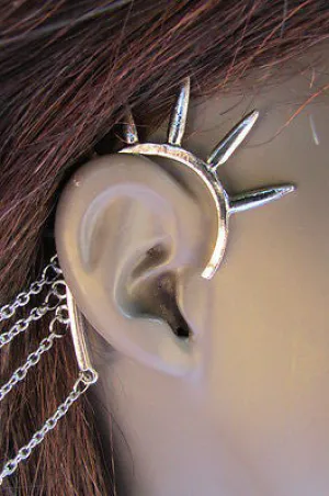 Silver Chain Spikes Cuff Earring To Hair Pin Headband Claw
