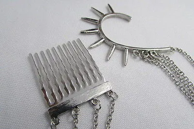 Silver Chain Spikes Cuff Earring To Hair Pin Headband Claw