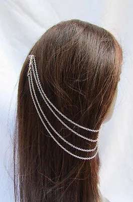 Silver Chain Spikes Cuff Earring To Hair Pin Headband Claw