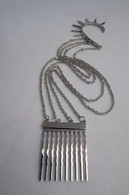 Silver Chain Spikes Cuff Earring To Hair Pin Headband Claw