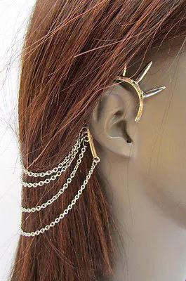 Silver Chain Spikes Cuff Earring To Hair Pin Headband Claw