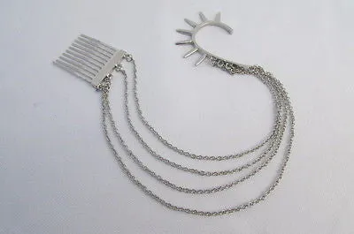 Silver Chain Spikes Cuff Earring To Hair Pin Headband Claw