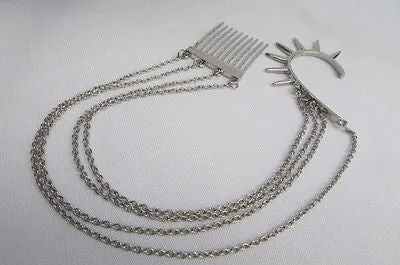 Silver Chain Spikes Cuff Earring To Hair Pin Headband Claw
