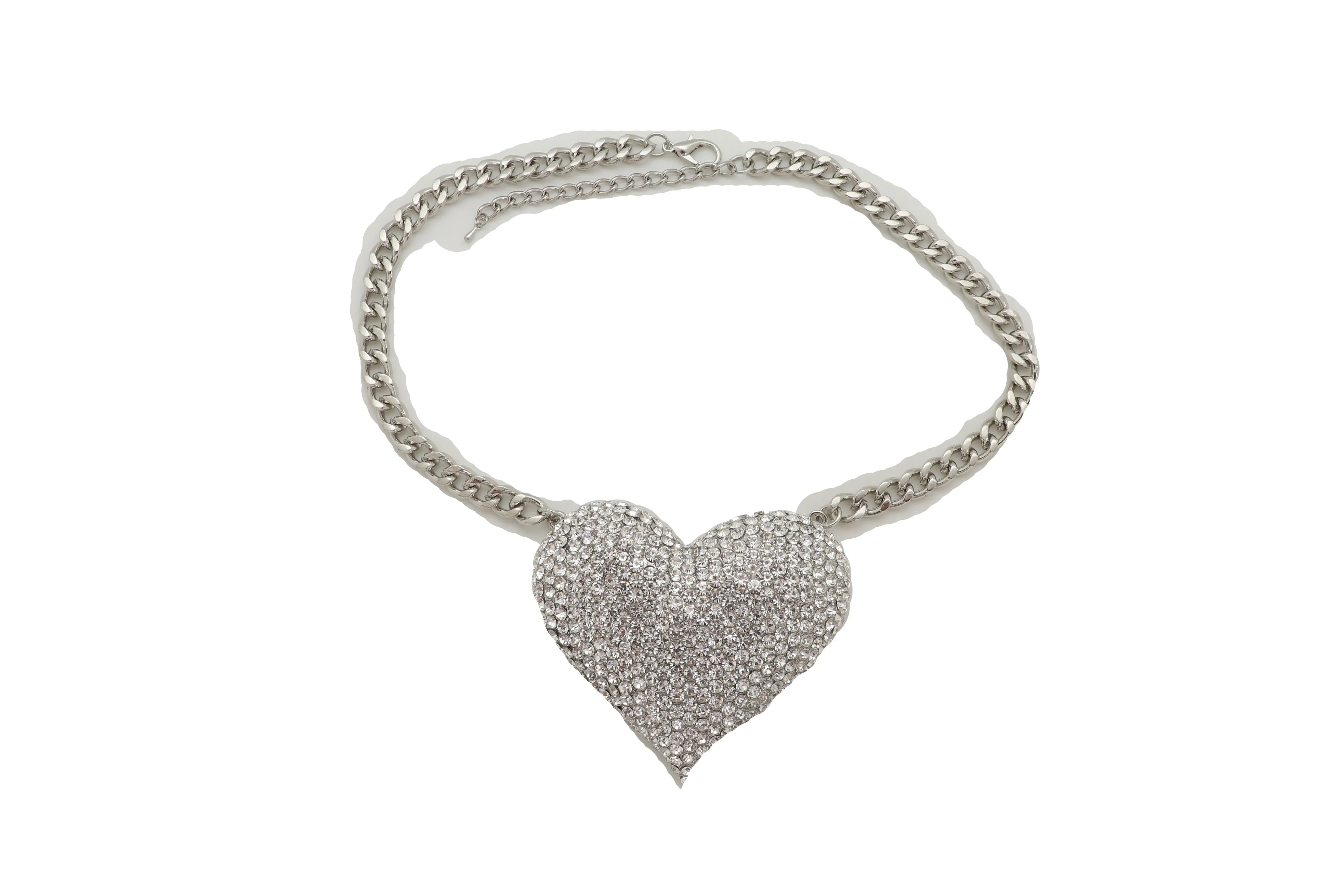 Silver Metal Chain Fashion Necklace Dressy Bling Heart Love Charm Pendant