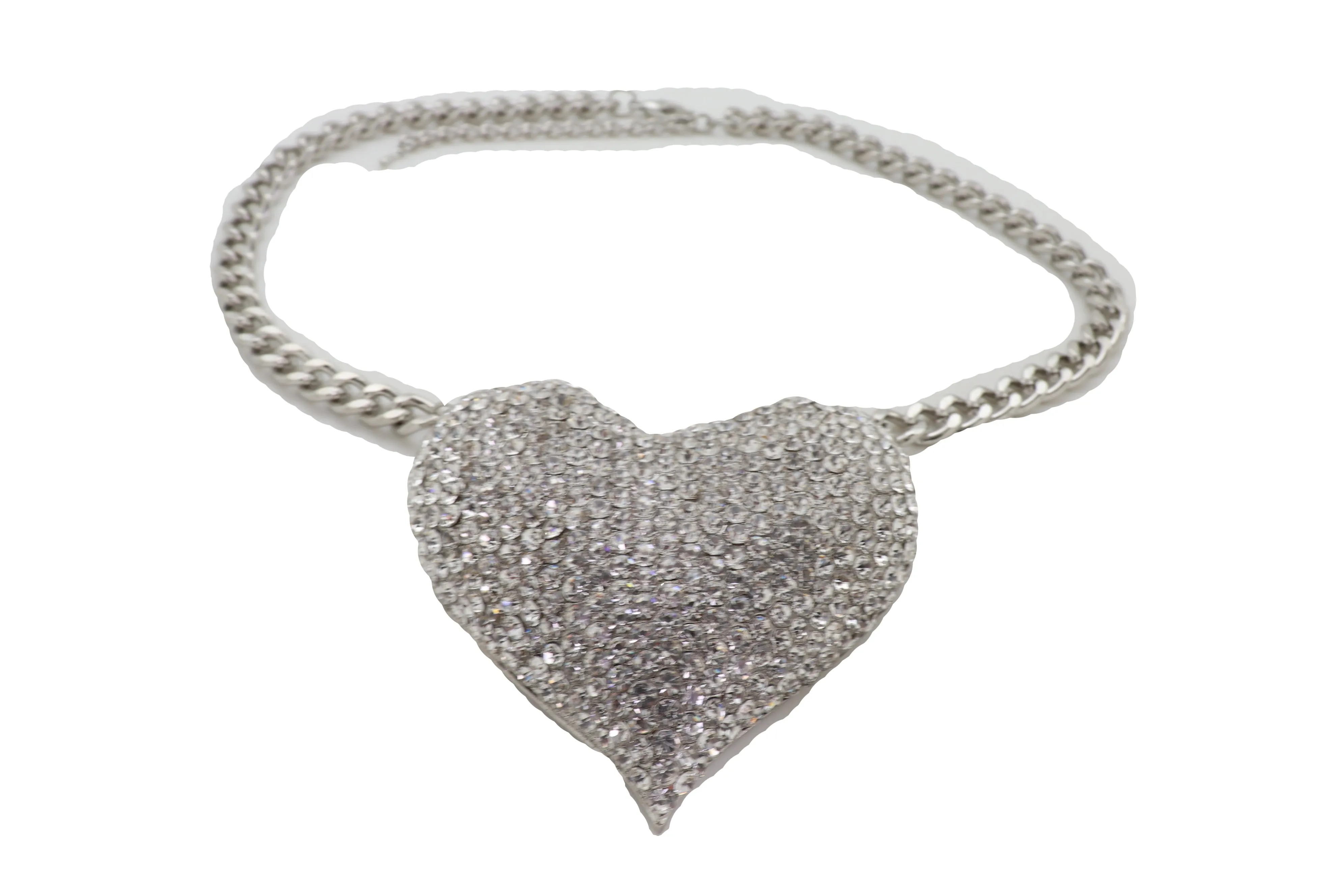 Silver Metal Chain Fashion Necklace Dressy Bling Heart Love Charm Pendant