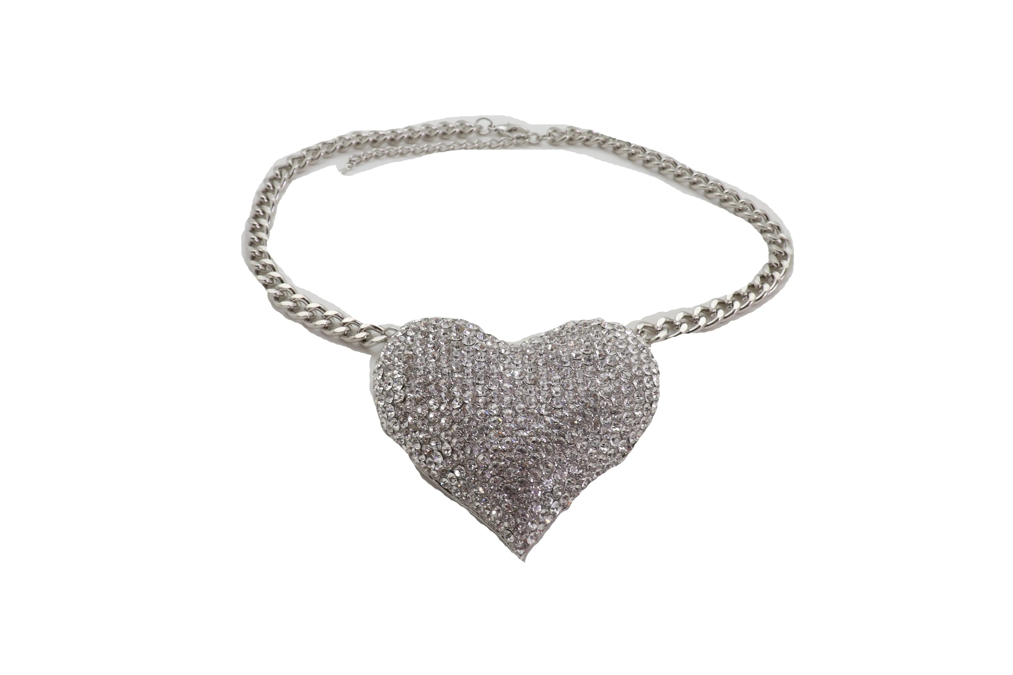 Silver Metal Chain Fashion Necklace Dressy Bling Heart Love Charm Pendant