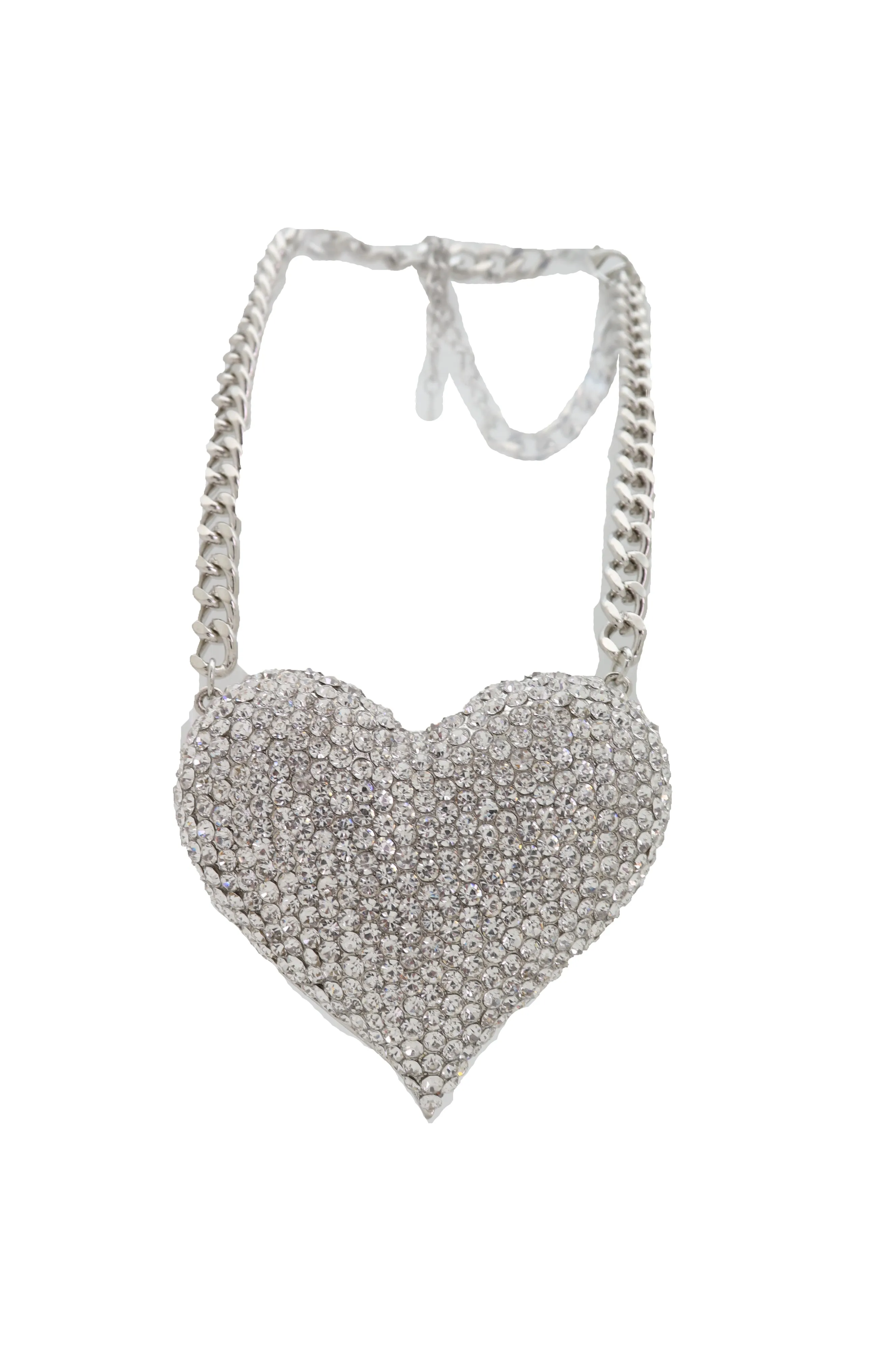 Silver Metal Chain Fashion Necklace Dressy Bling Heart Love Charm Pendant