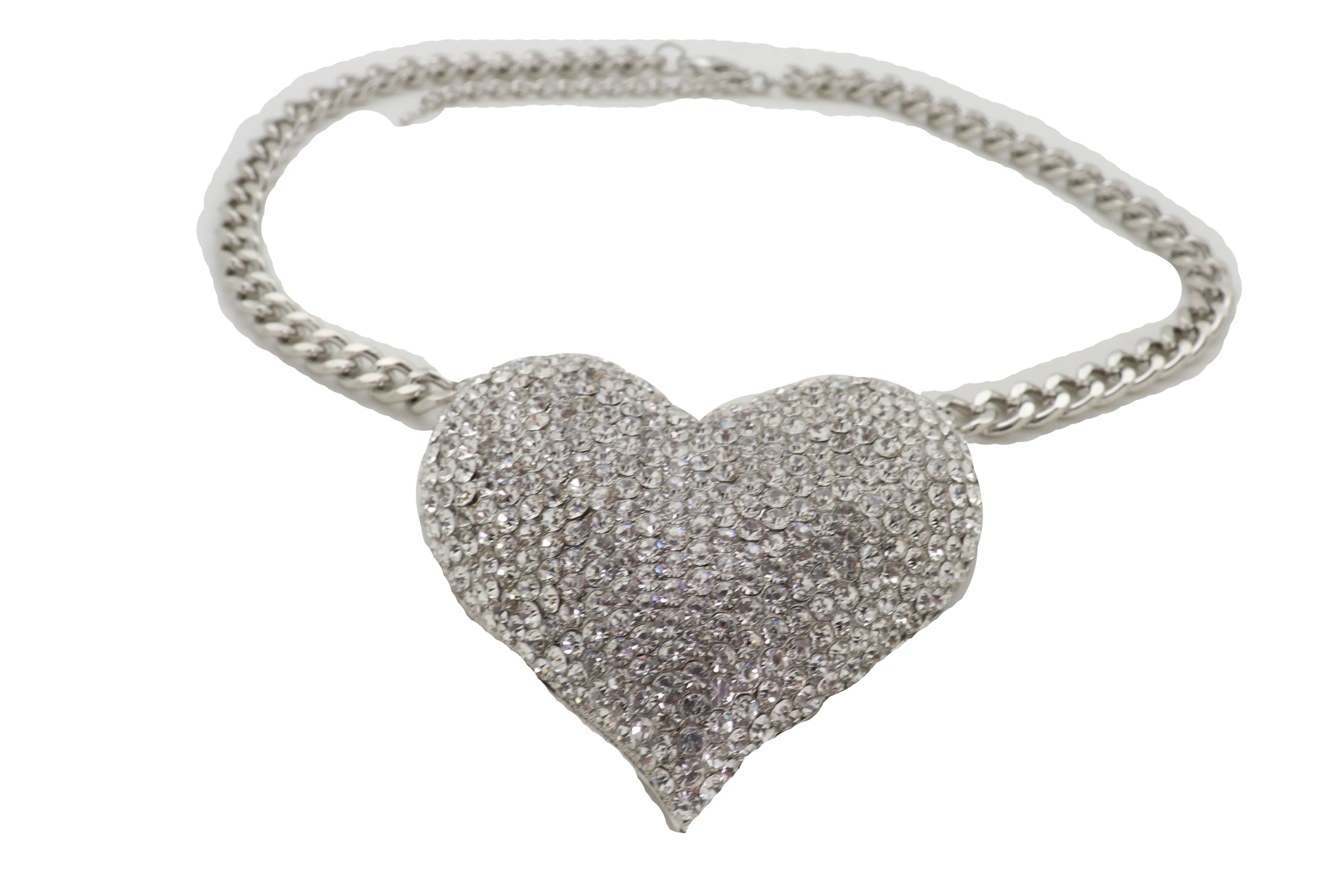 Silver Metal Chain Fashion Necklace Dressy Bling Heart Love Charm Pendant