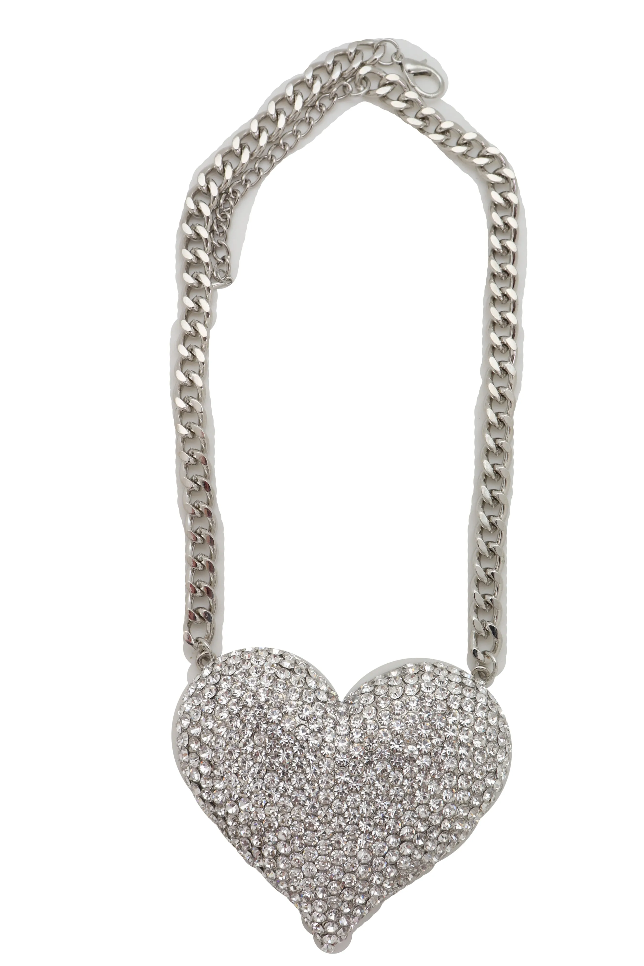 Silver Metal Chain Fashion Necklace Dressy Bling Heart Love Charm Pendant