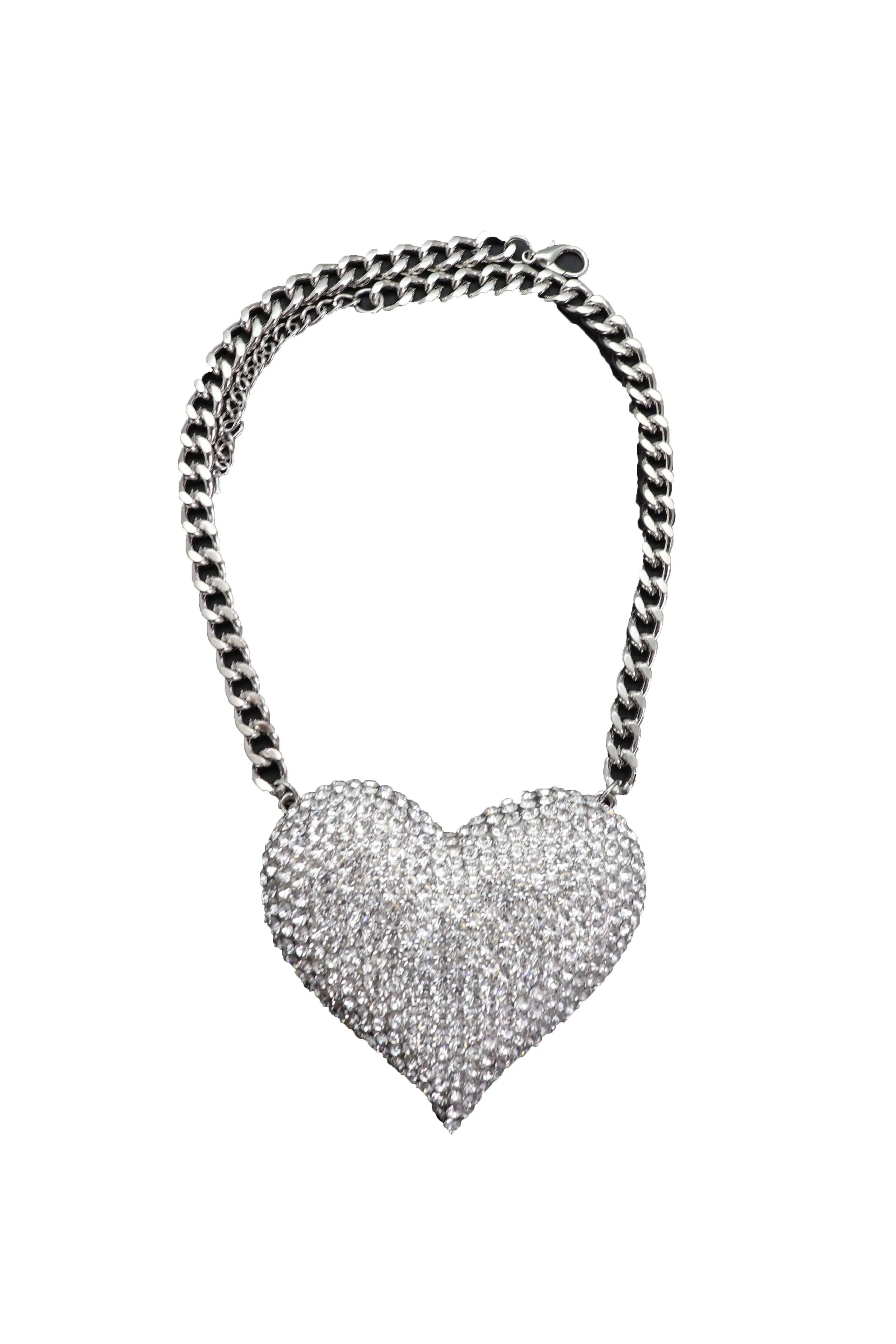 Silver Metal Chain Fashion Necklace Dressy Bling Heart Love Charm Pendant
