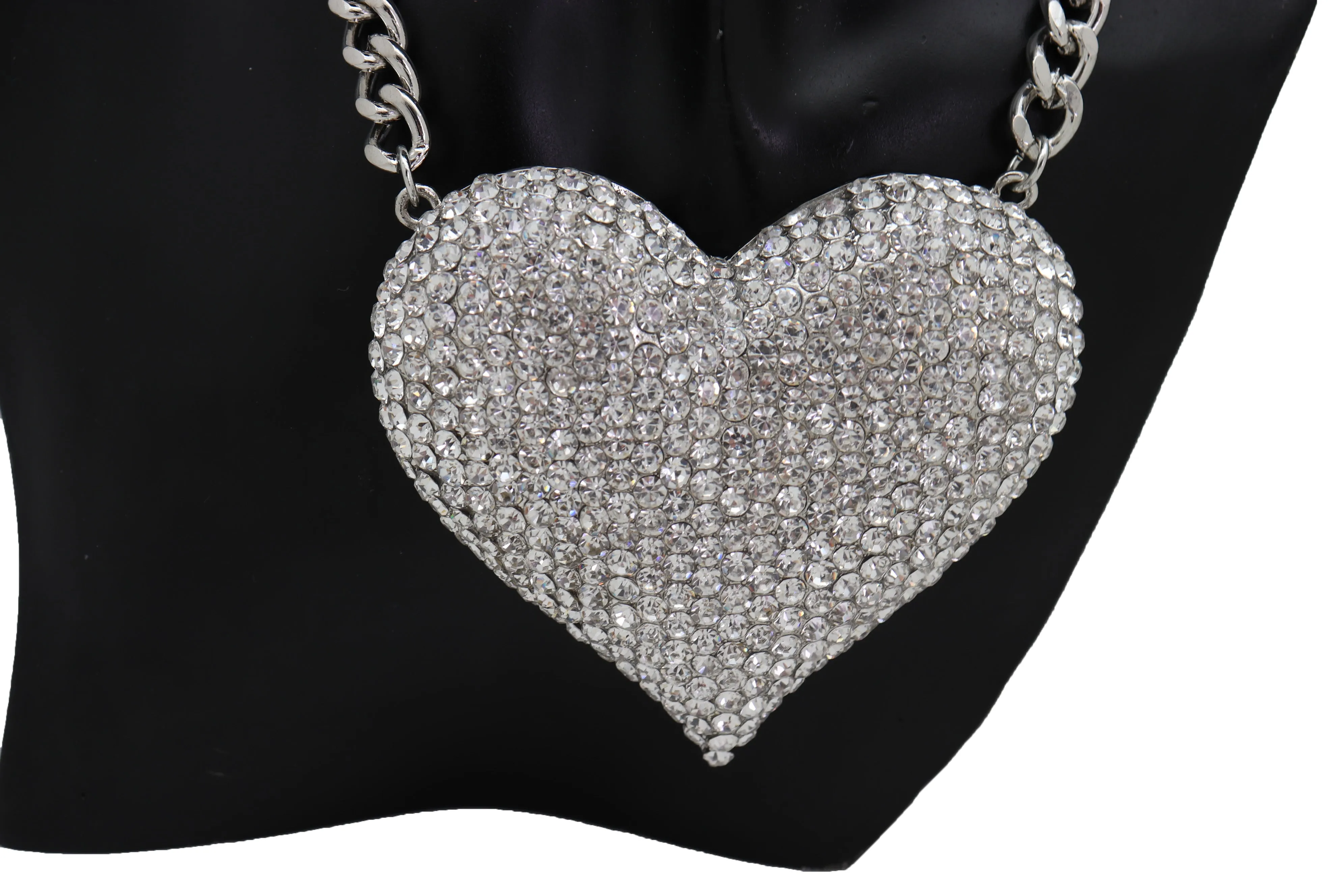 Silver Metal Chain Fashion Necklace Dressy Bling Heart Love Charm Pendant