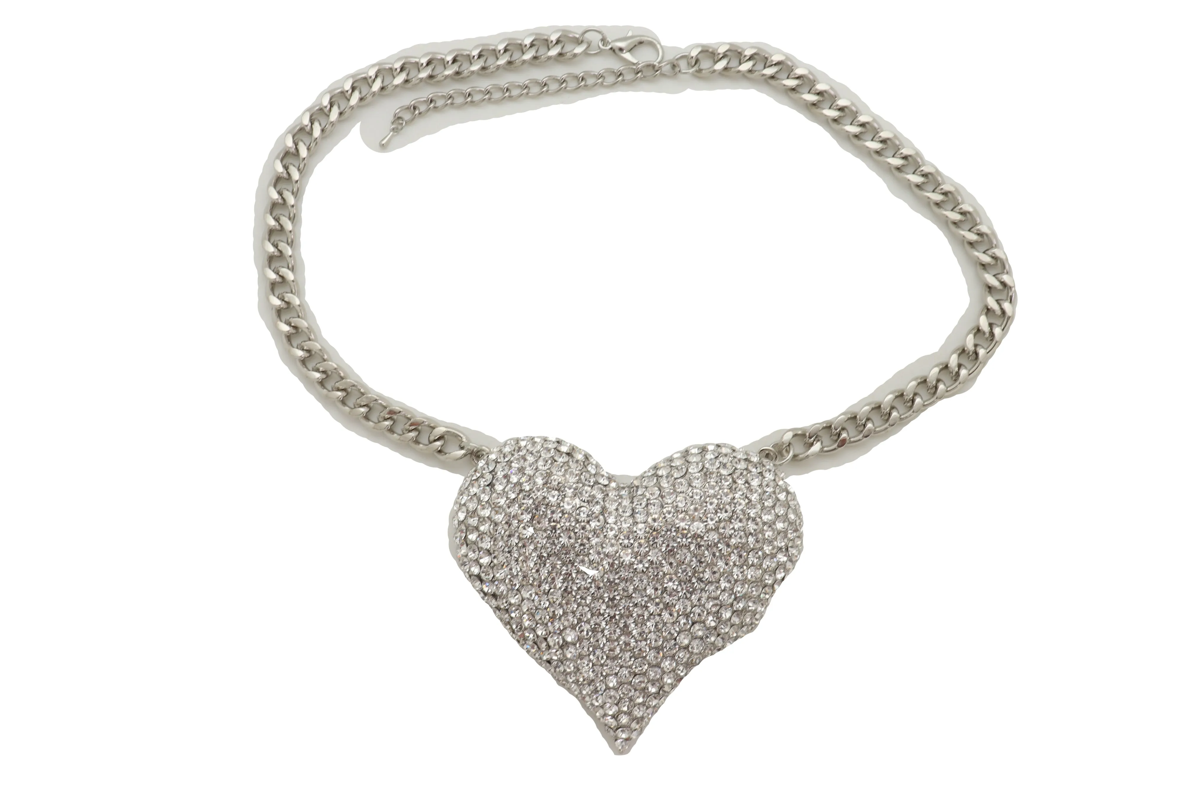 Silver Metal Chain Fashion Necklace Dressy Bling Heart Love Charm Pendant