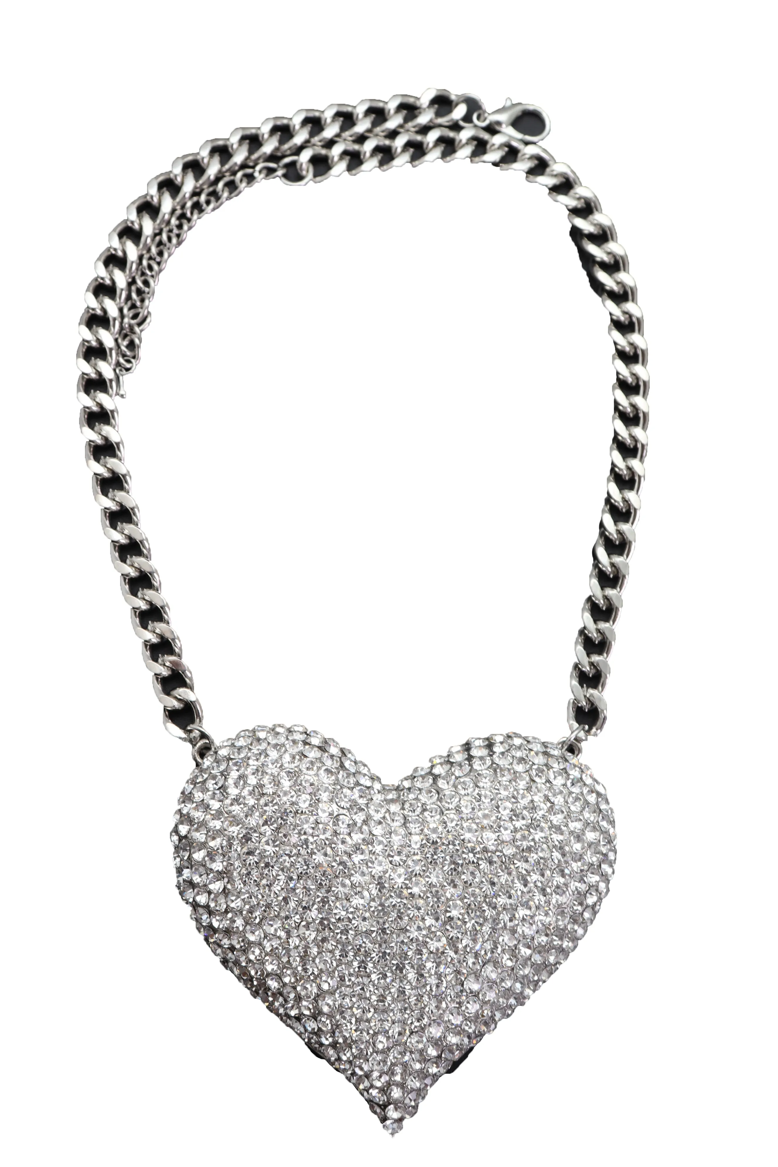 Silver Metal Chain Fashion Necklace Dressy Bling Heart Love Charm Pendant