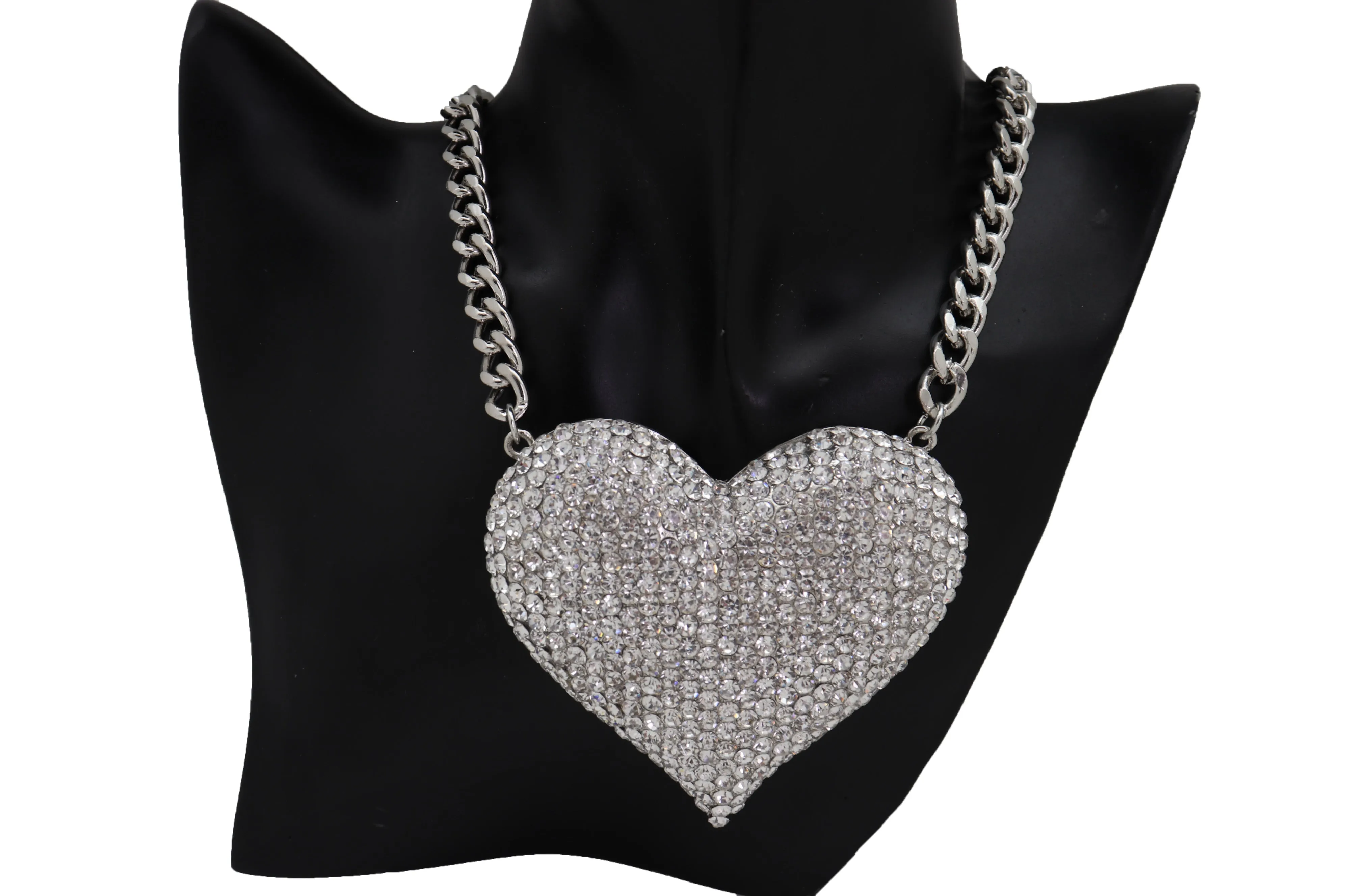 Silver Metal Chain Fashion Necklace Dressy Bling Heart Love Charm Pendant