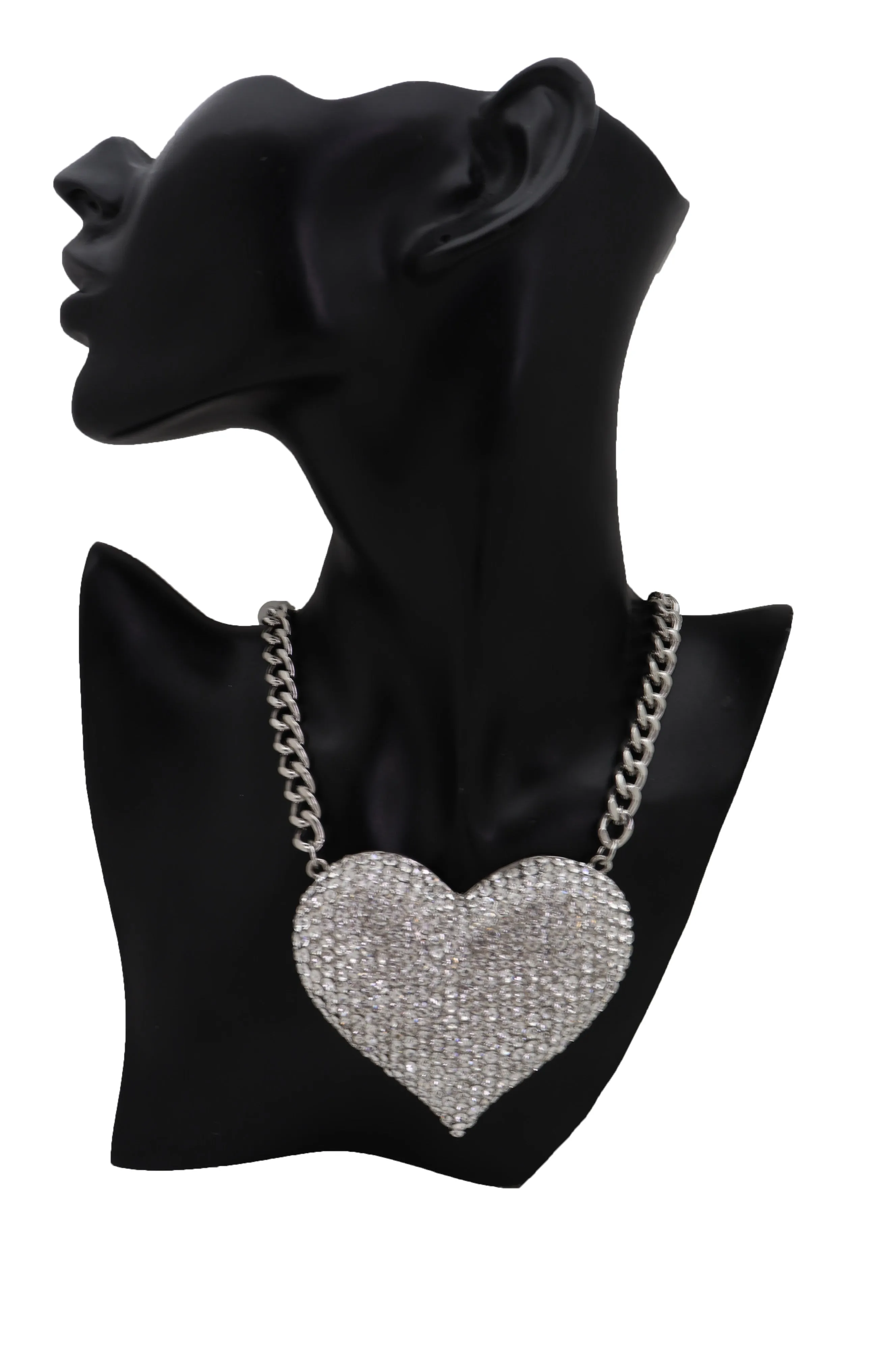 Silver Metal Chain Fashion Necklace Dressy Bling Heart Love Charm Pendant