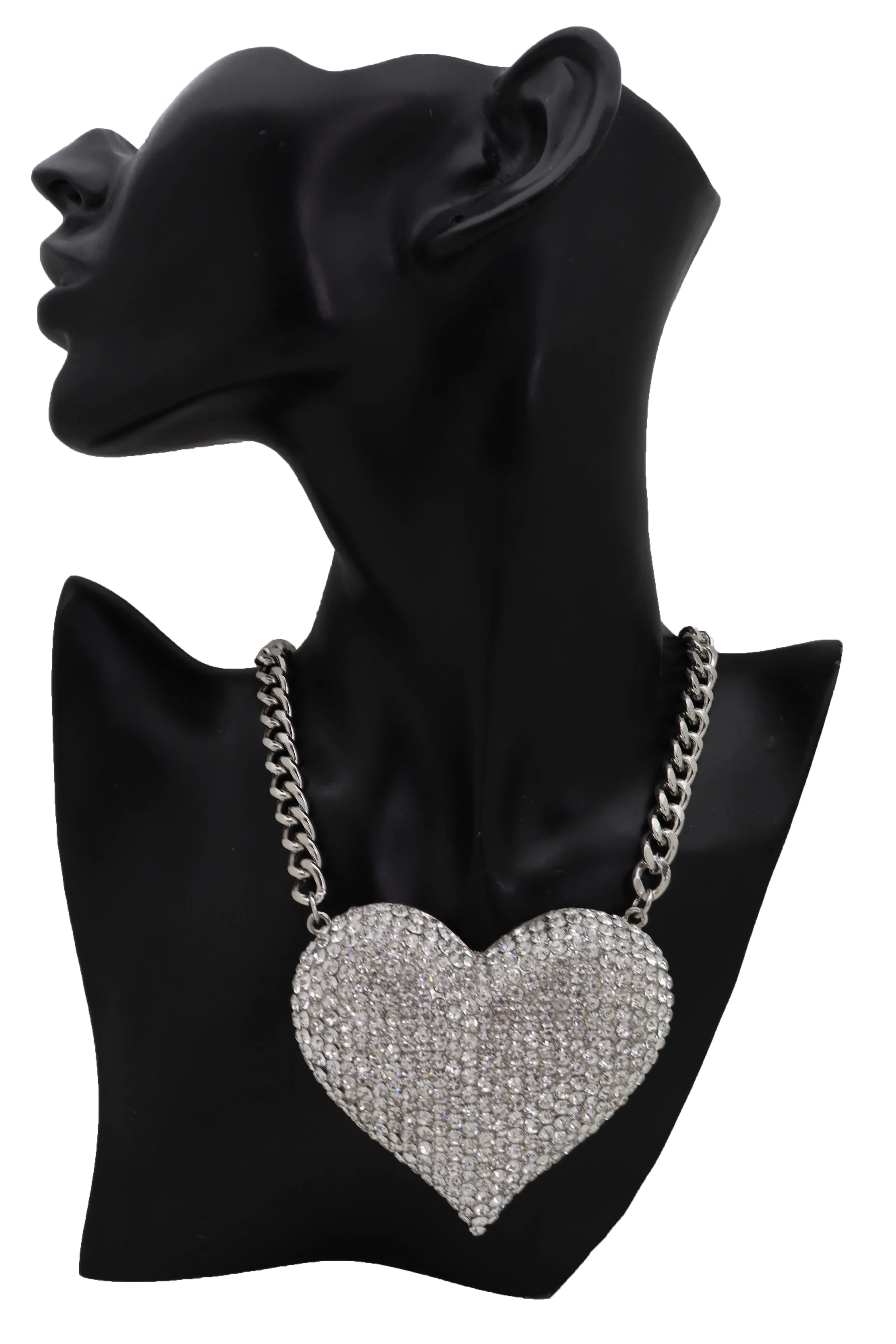 Silver Metal Chain Fashion Necklace Dressy Bling Heart Love Charm Pendant