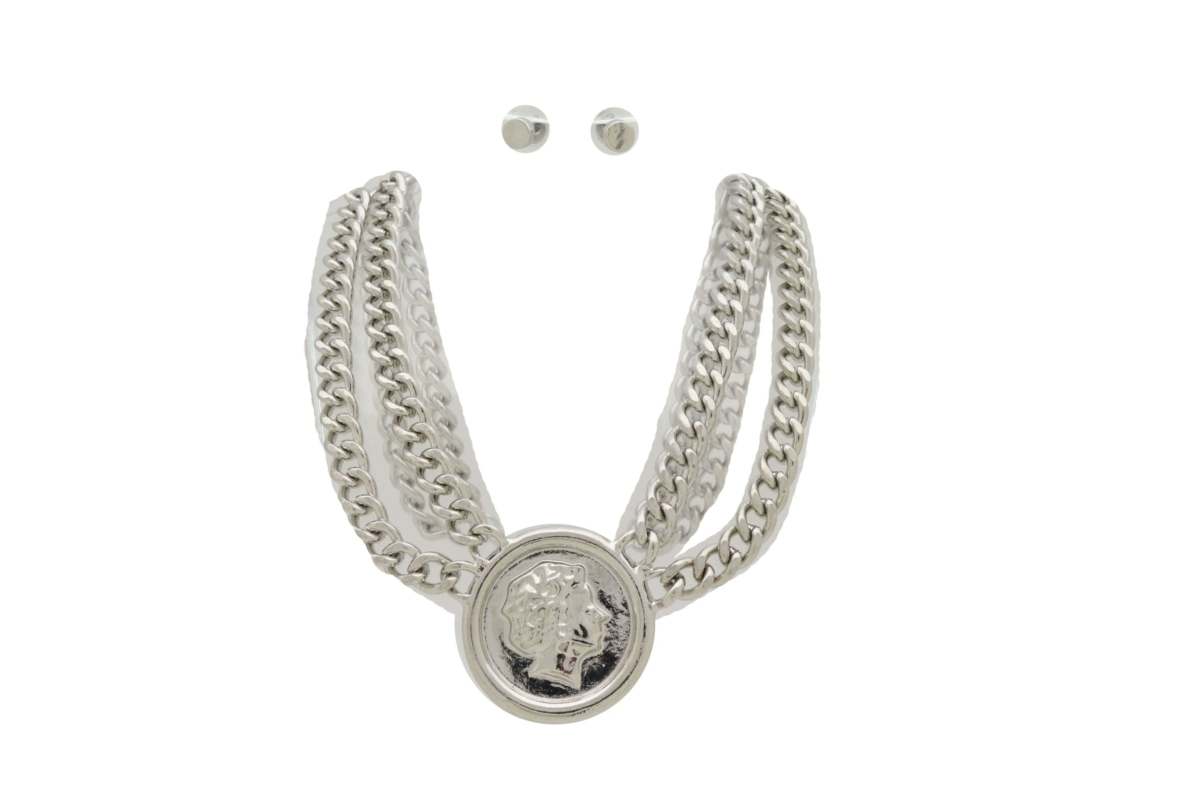 Silver Metal Chain Necklace Greek Face Coin Pendant Set