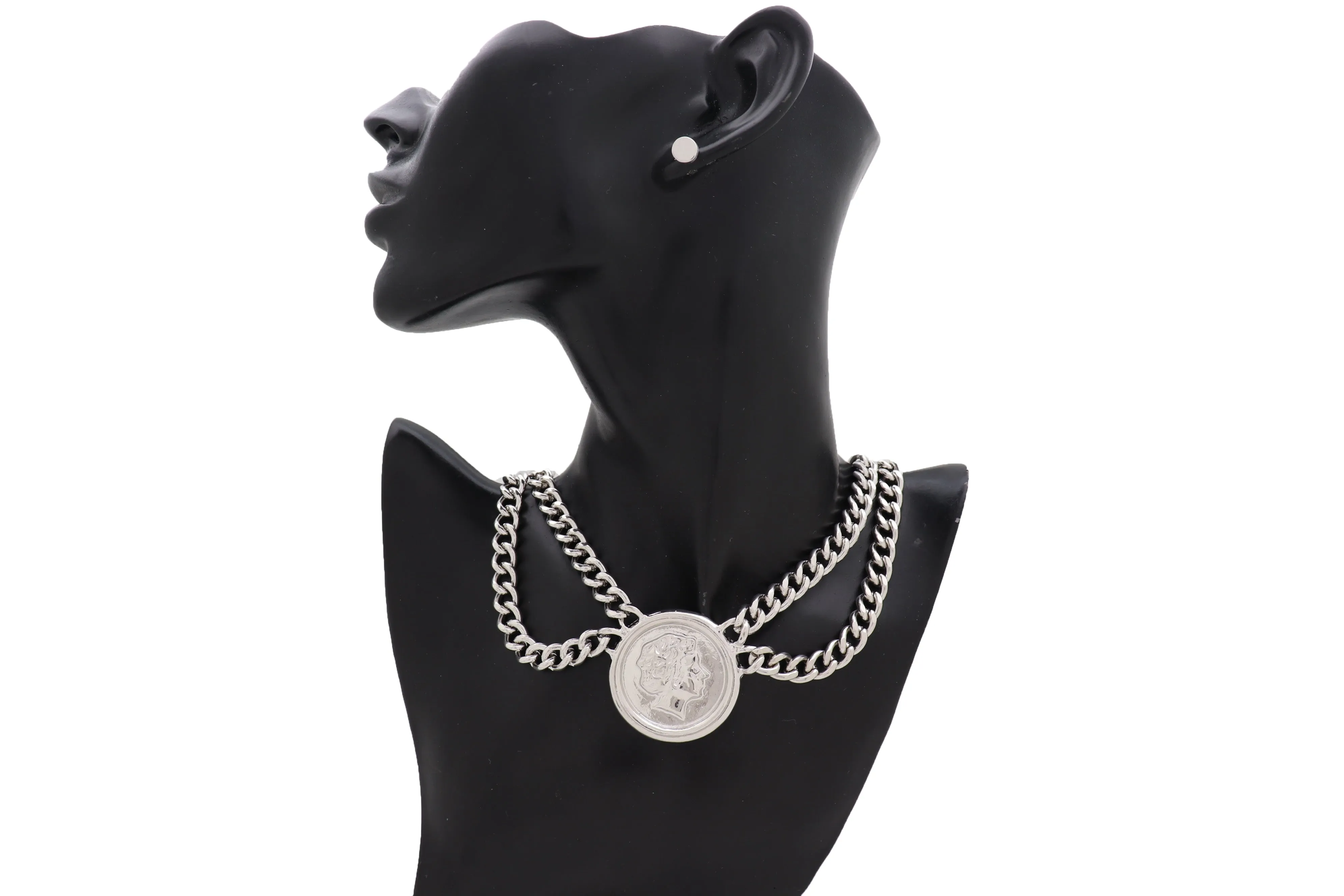 Silver Metal Chain Necklace Greek Face Coin Pendant Set