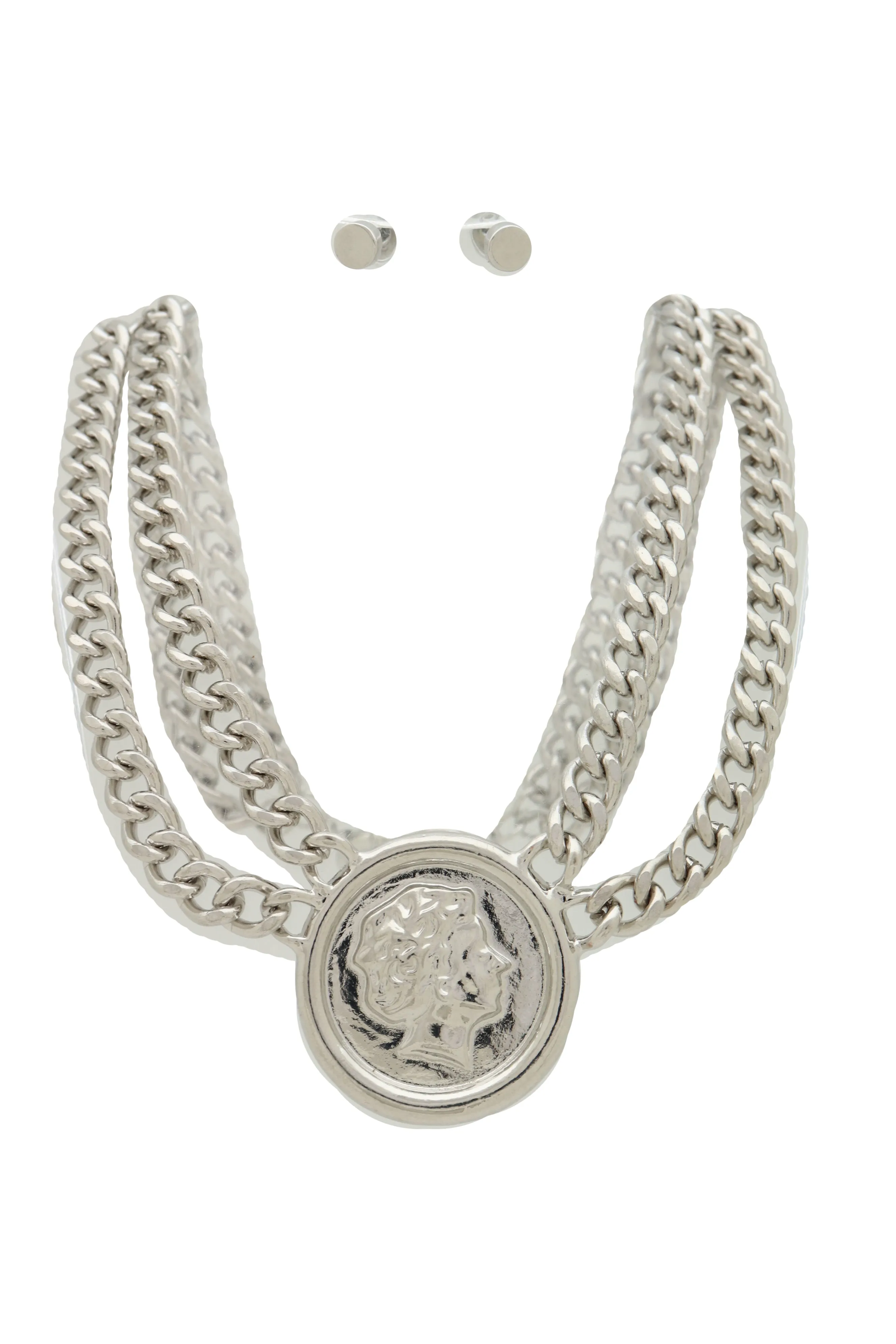 Silver Metal Chain Necklace Greek Face Coin Pendant Set