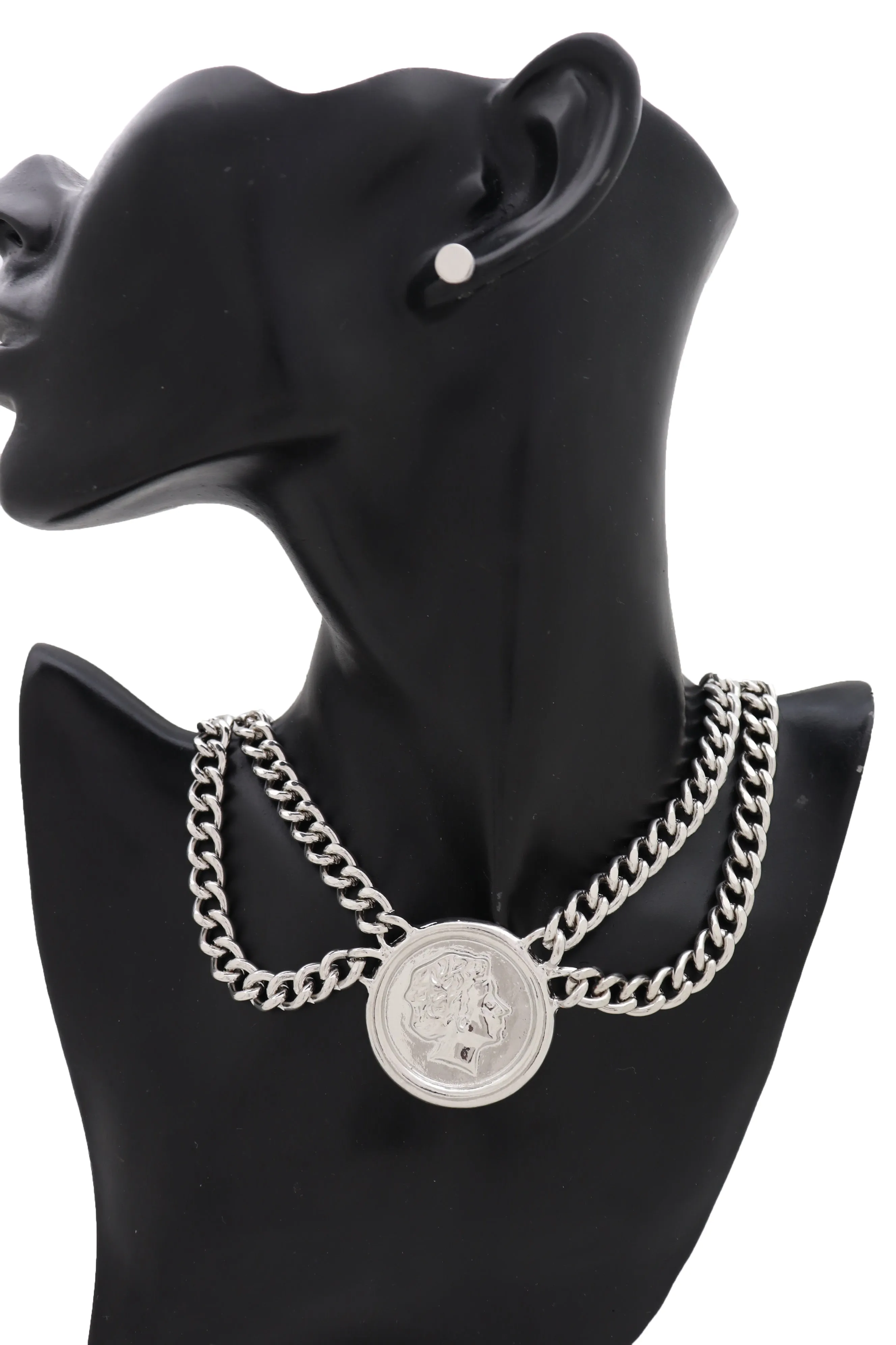 Silver Metal Chain Necklace Greek Face Coin Pendant Set