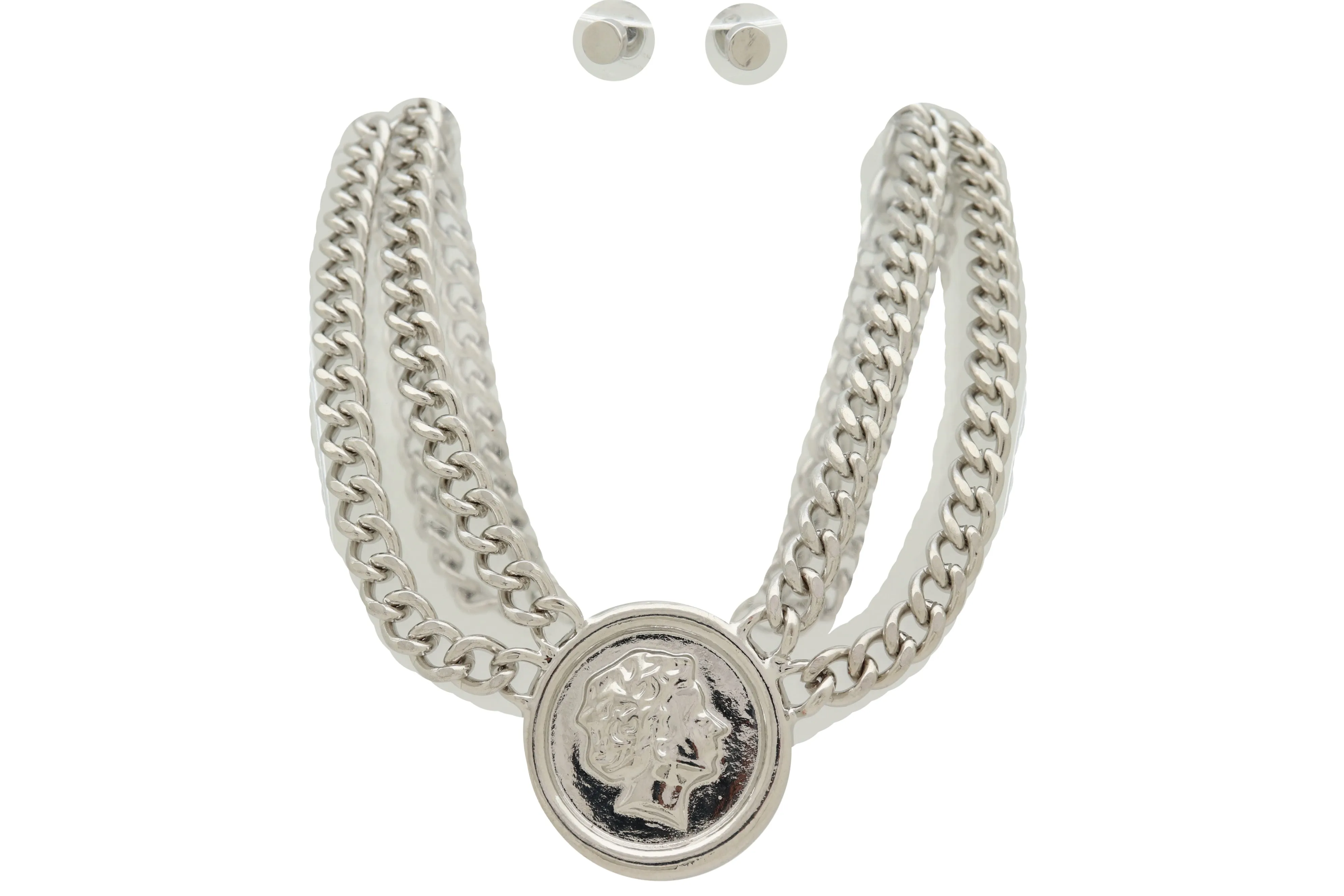 Silver Metal Chain Necklace Greek Face Coin Pendant Set