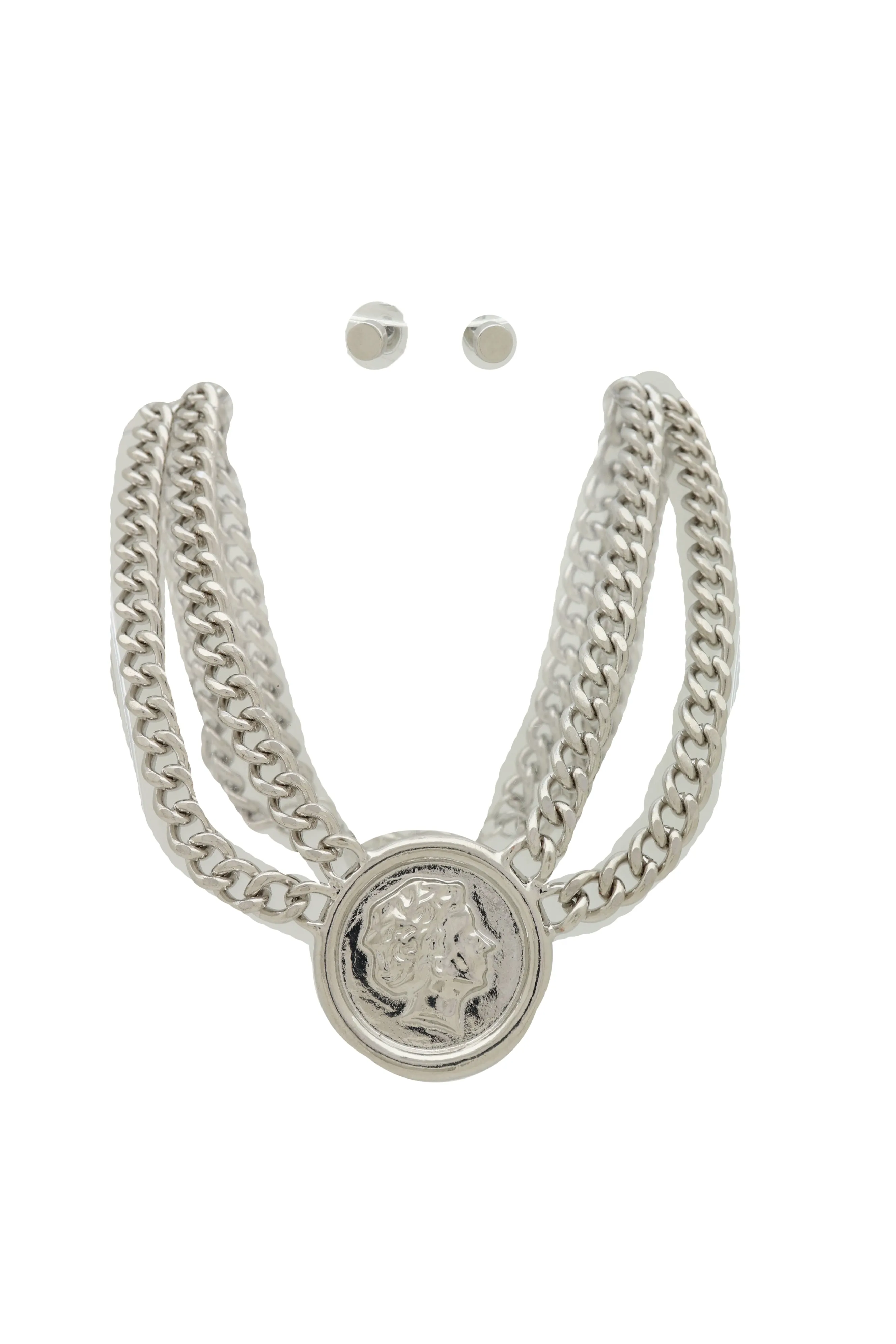 Silver Metal Chain Necklace Greek Face Coin Pendant Set