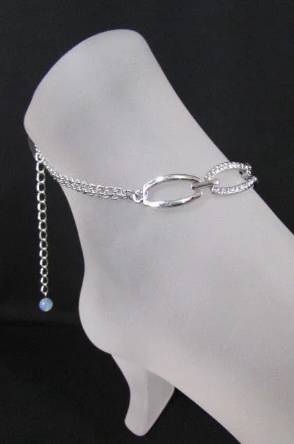 Silver Metal Chains Fashion Casual Anklet Foot Oval Thin Rhinestones Pool Beach