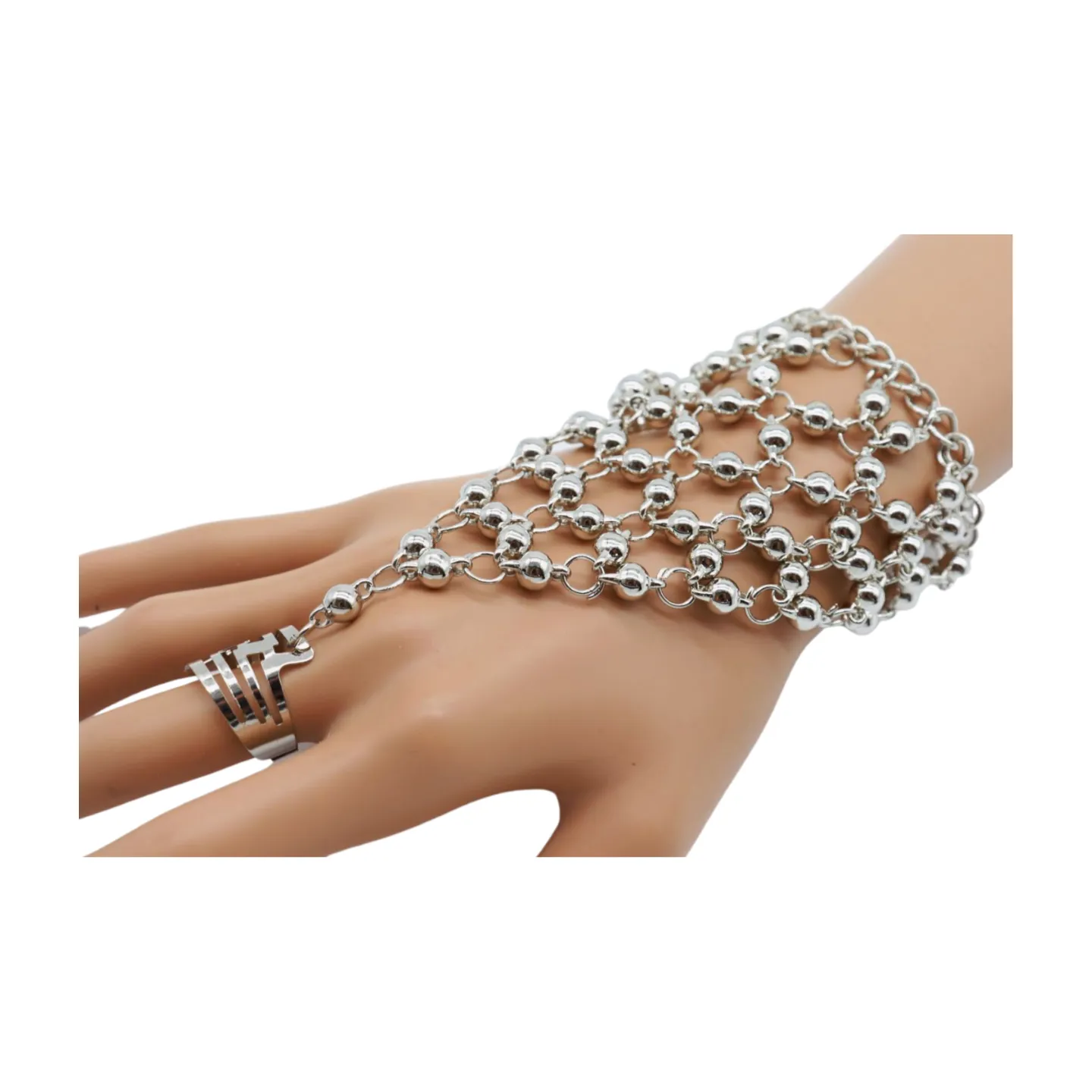 Silver Metal Hand Chain Bracelet Ball Charms Ring Connected One Size