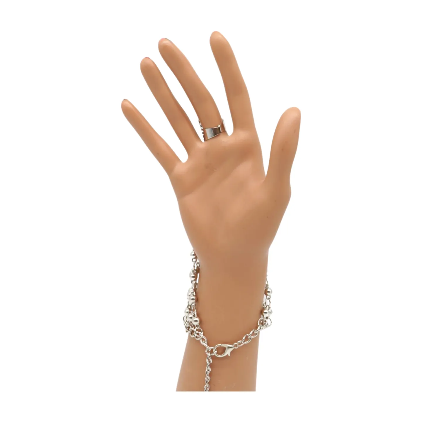 Silver Metal Hand Chain Bracelet Ball Charms Ring Connected One Size