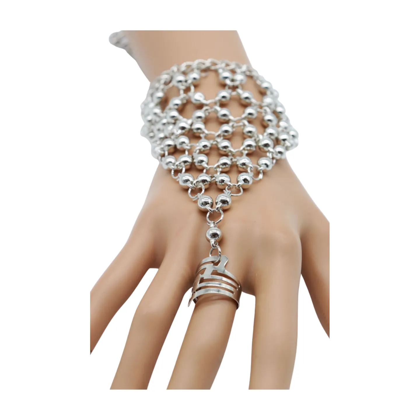 Silver Metal Hand Chain Bracelet Ball Charms Ring Connected One Size
