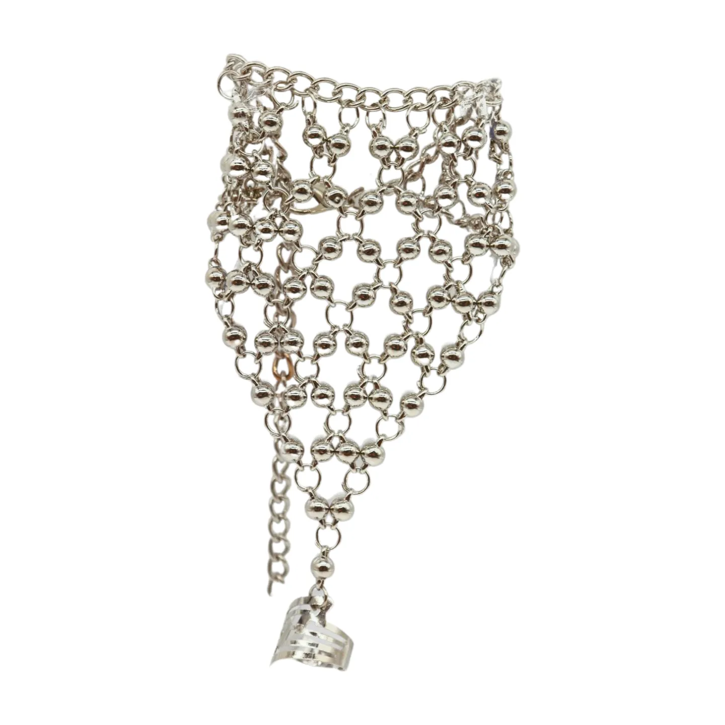 Silver Metal Hand Chain Bracelet Ball Charms Ring Connected One Size