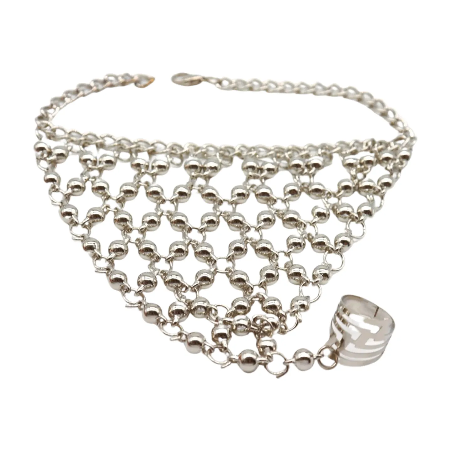 Silver Metal Hand Chain Bracelet Ball Charms Ring Connected One Size