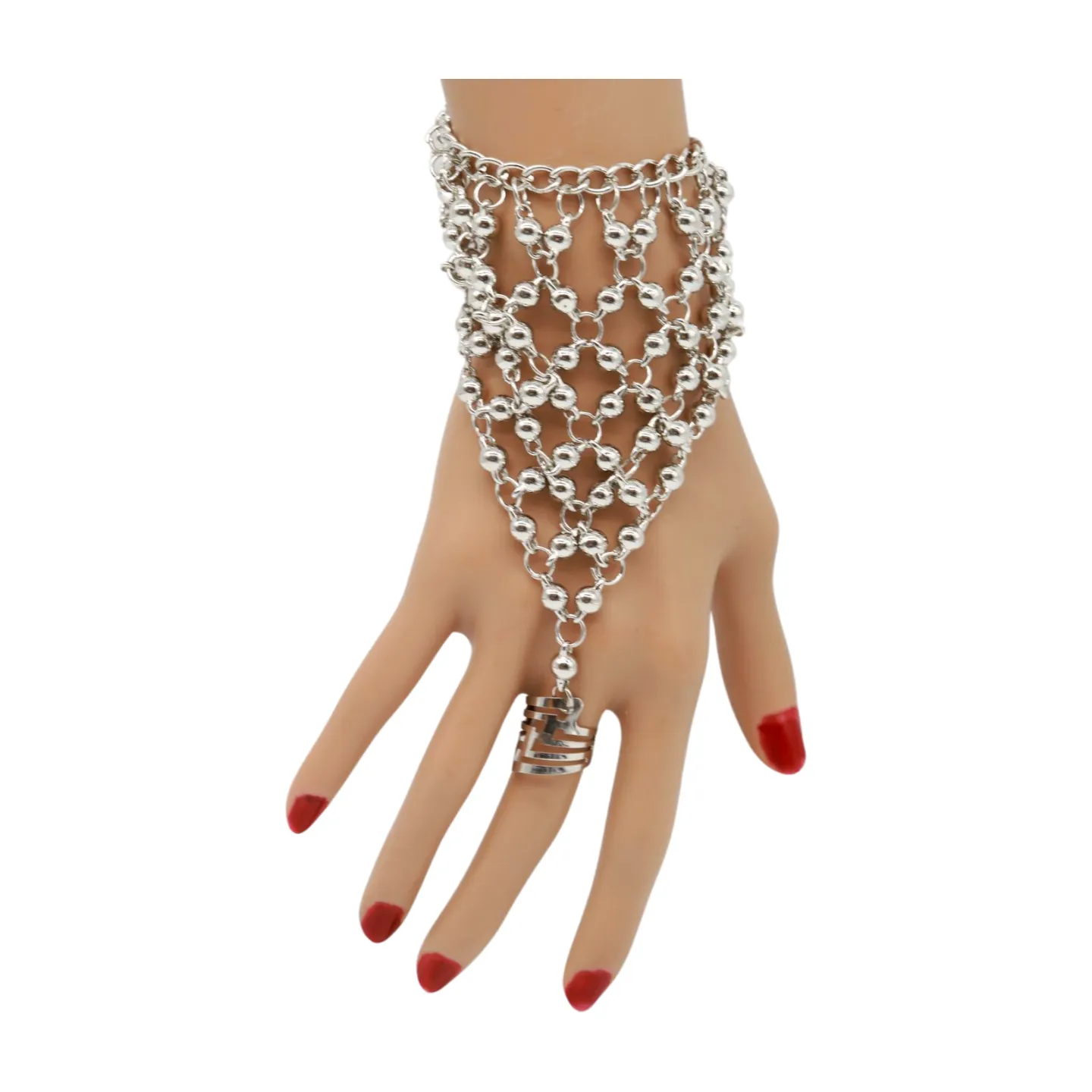 Silver Metal Hand Chain Bracelet Ball Charms Ring Connected One Size