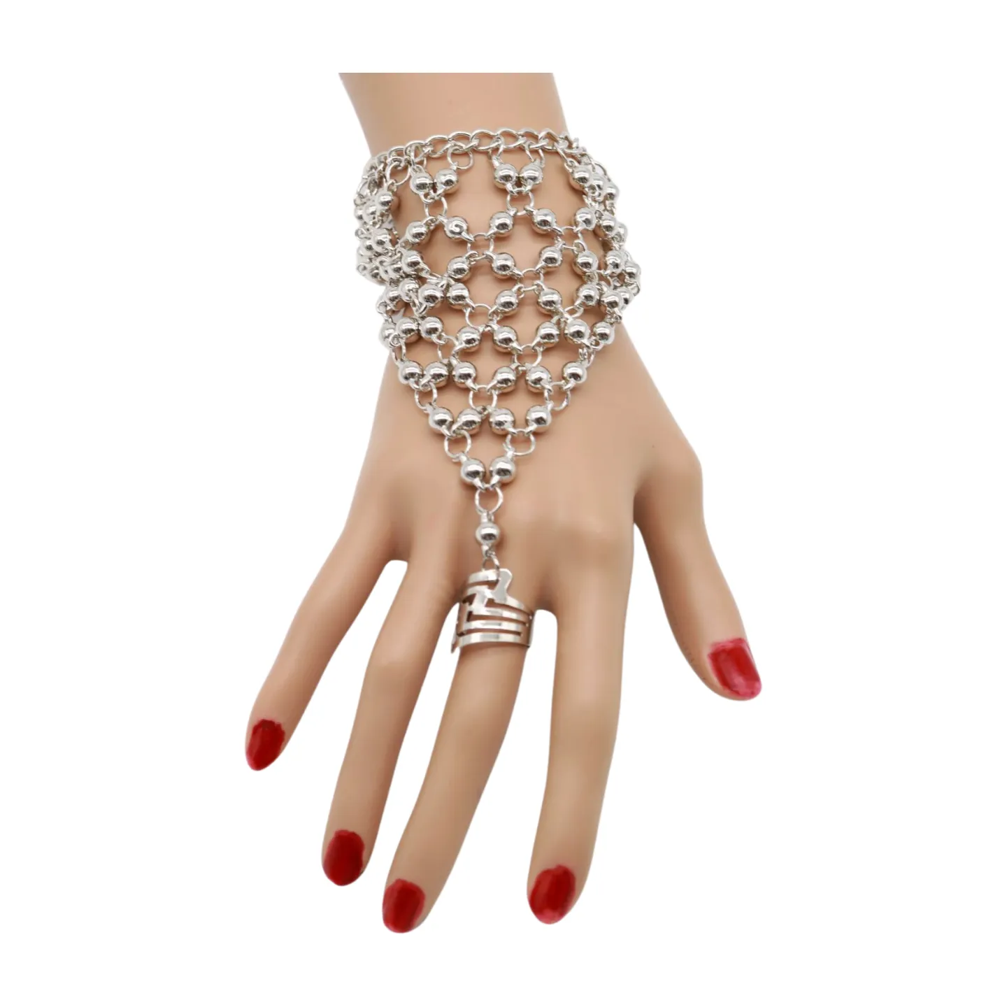 Silver Metal Hand Chain Bracelet Ball Charms Ring Connected One Size