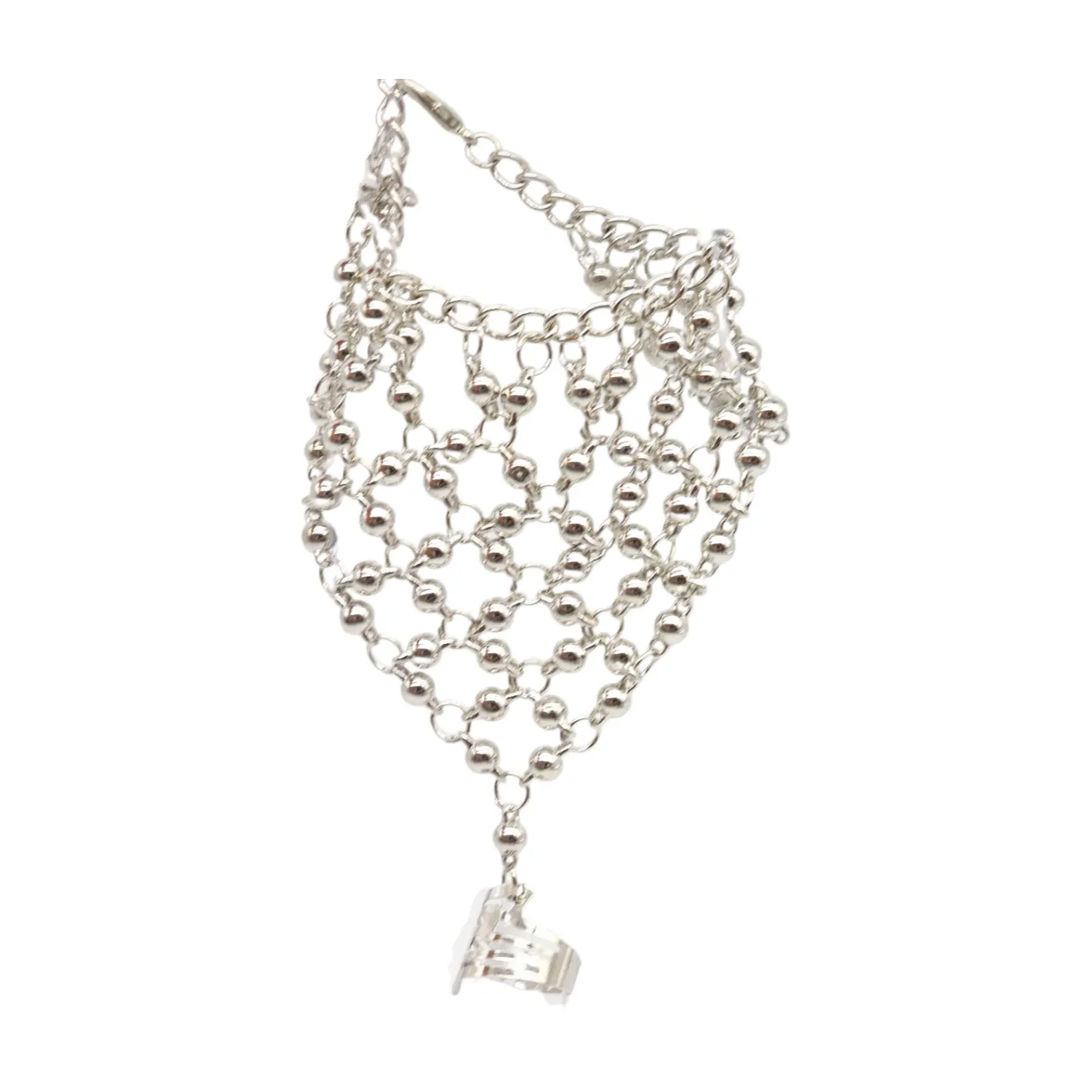 Silver Metal Hand Chain Bracelet Ball Charms Ring Connected One Size