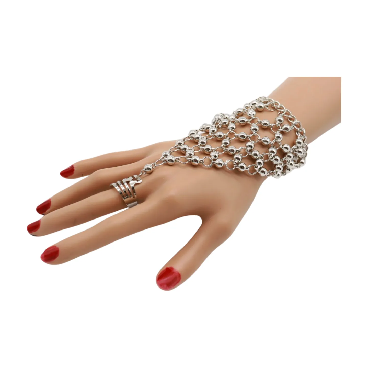 Silver Metal Hand Chain Bracelet Ball Charms Ring Connected One Size