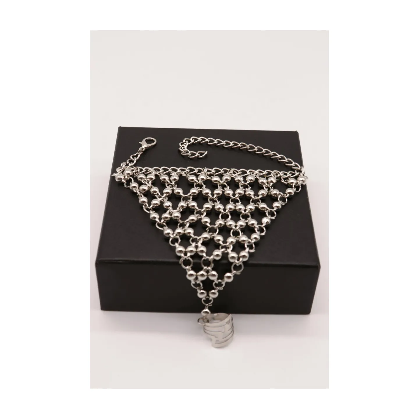 Silver Metal Hand Chain Bracelet Ball Charms Ring Connected One Size