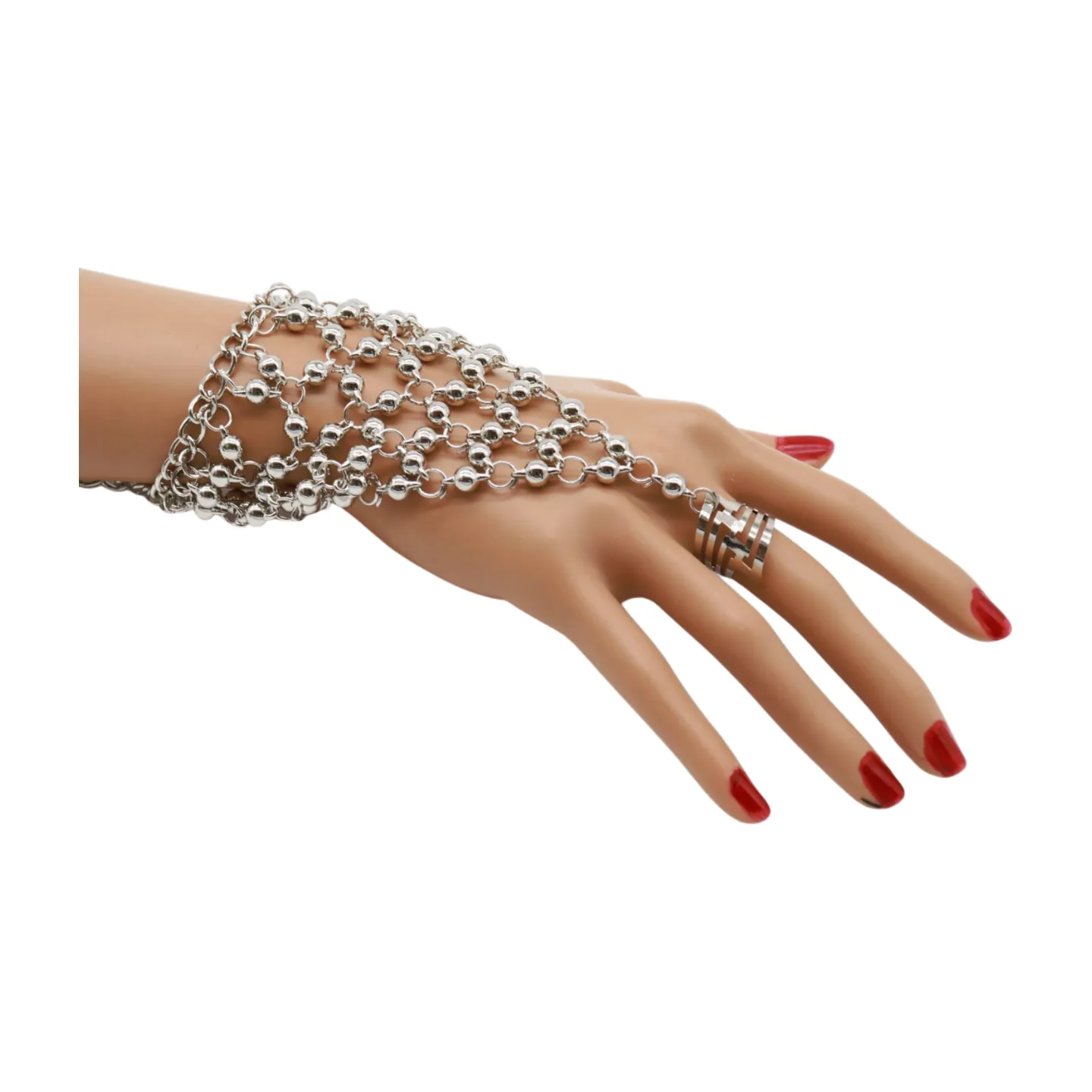 Silver Metal Hand Chain Bracelet Ball Charms Ring Connected One Size