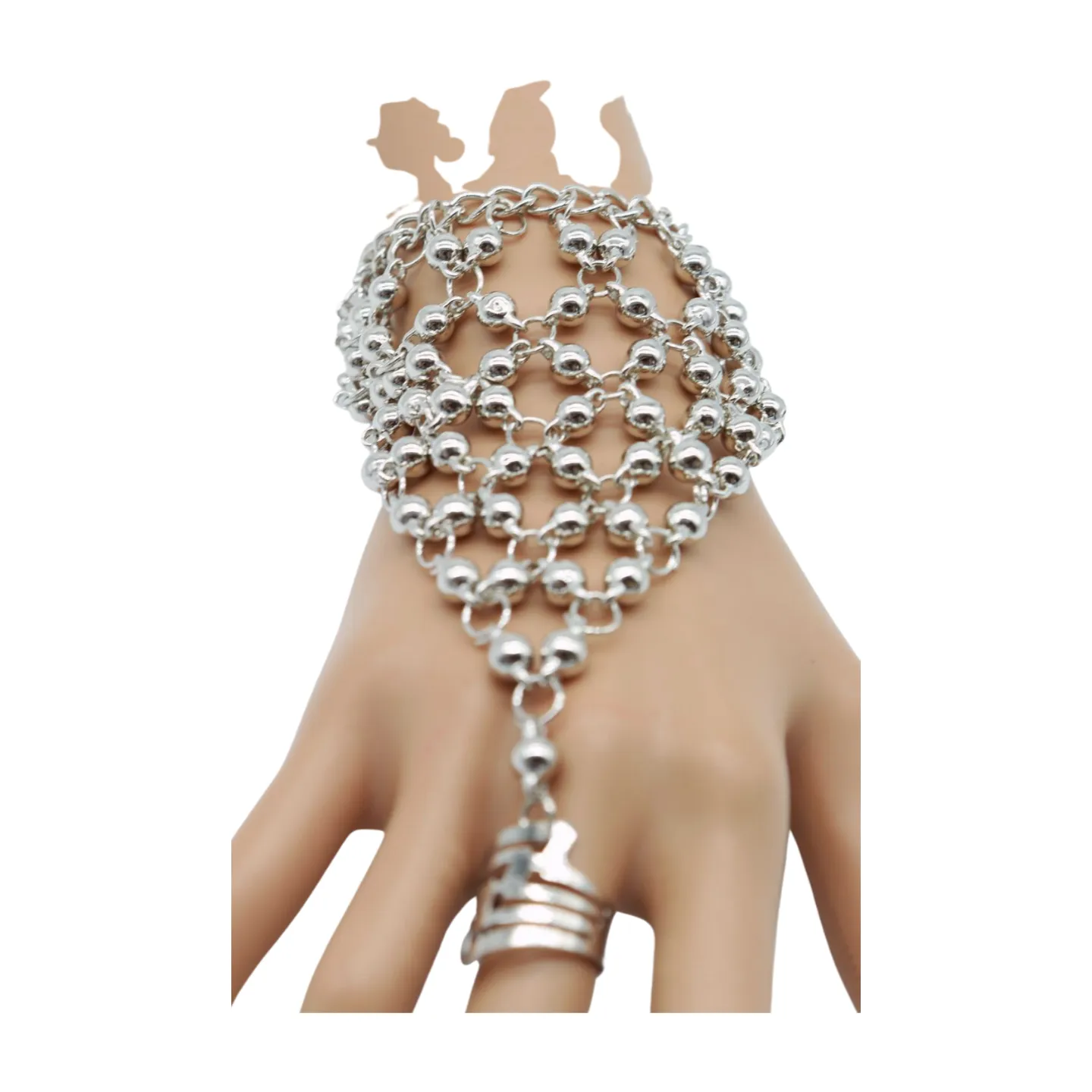 Silver Metal Hand Chain Bracelet Ball Charms Ring Connected One Size