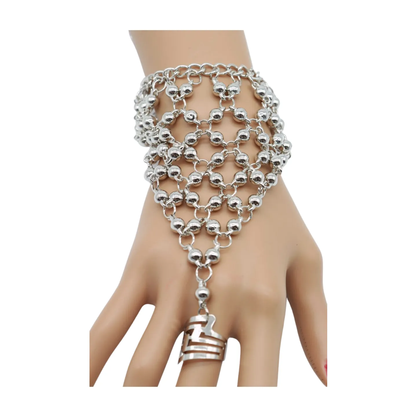 Silver Metal Hand Chain Bracelet Ball Charms Ring Connected One Size