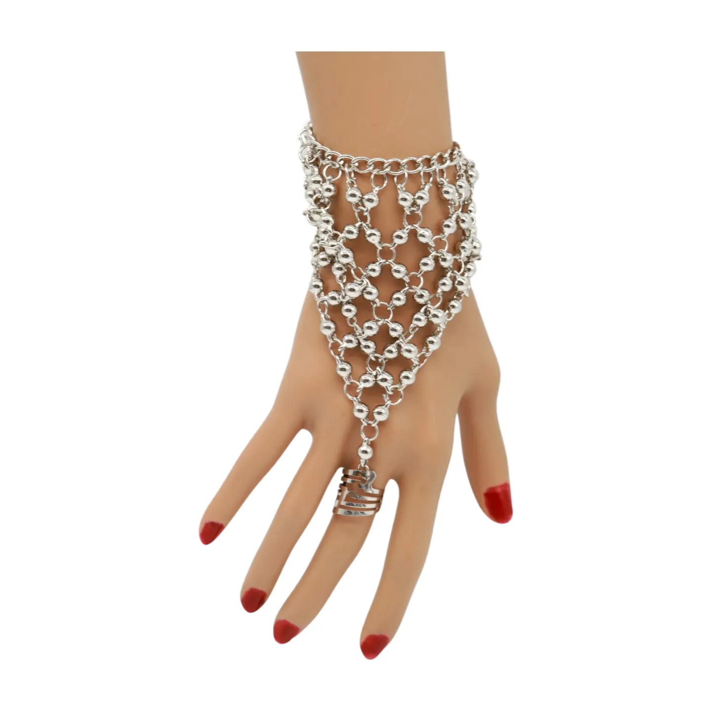 Silver Metal Hand Chain Bracelet Ball Charms Ring Connected One Size