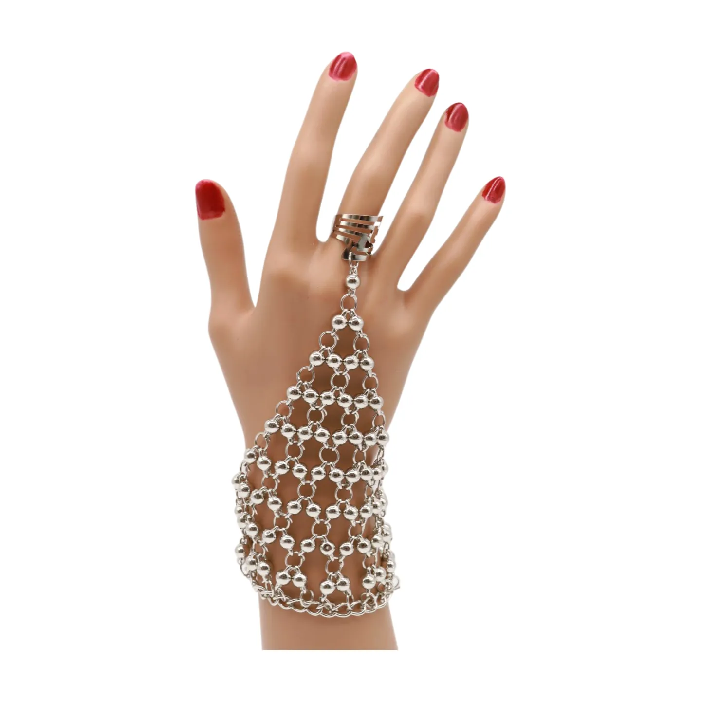 Silver Metal Hand Chain Bracelet Ball Charms Ring Connected One Size
