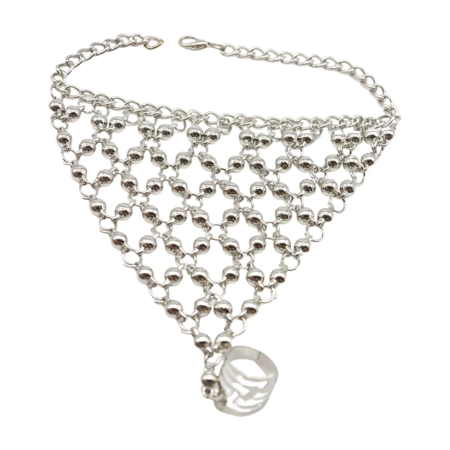 Silver Metal Hand Chain Bracelet Ball Charms Ring Connected One Size