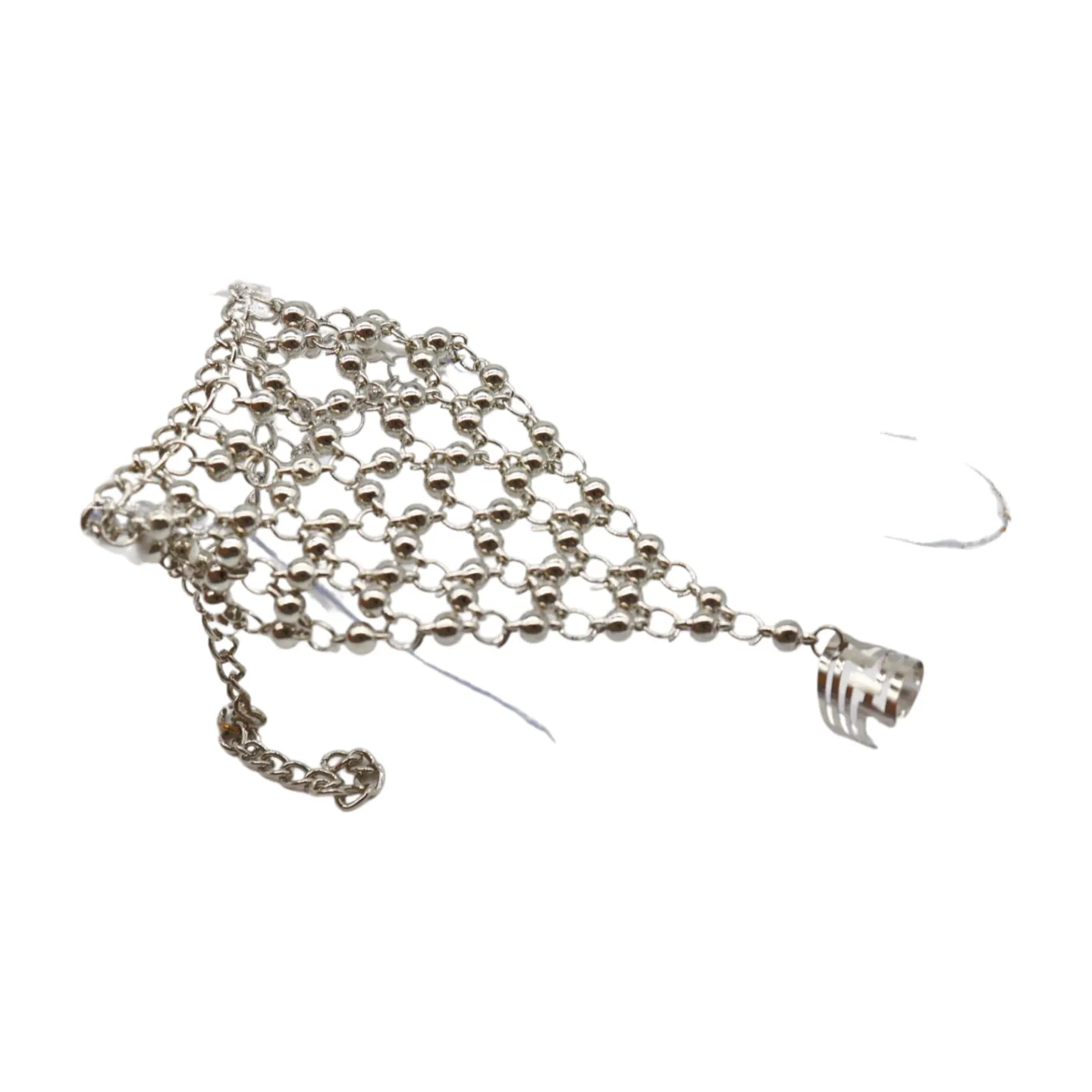 Silver Metal Hand Chain Bracelet Ball Charms Ring Connected One Size