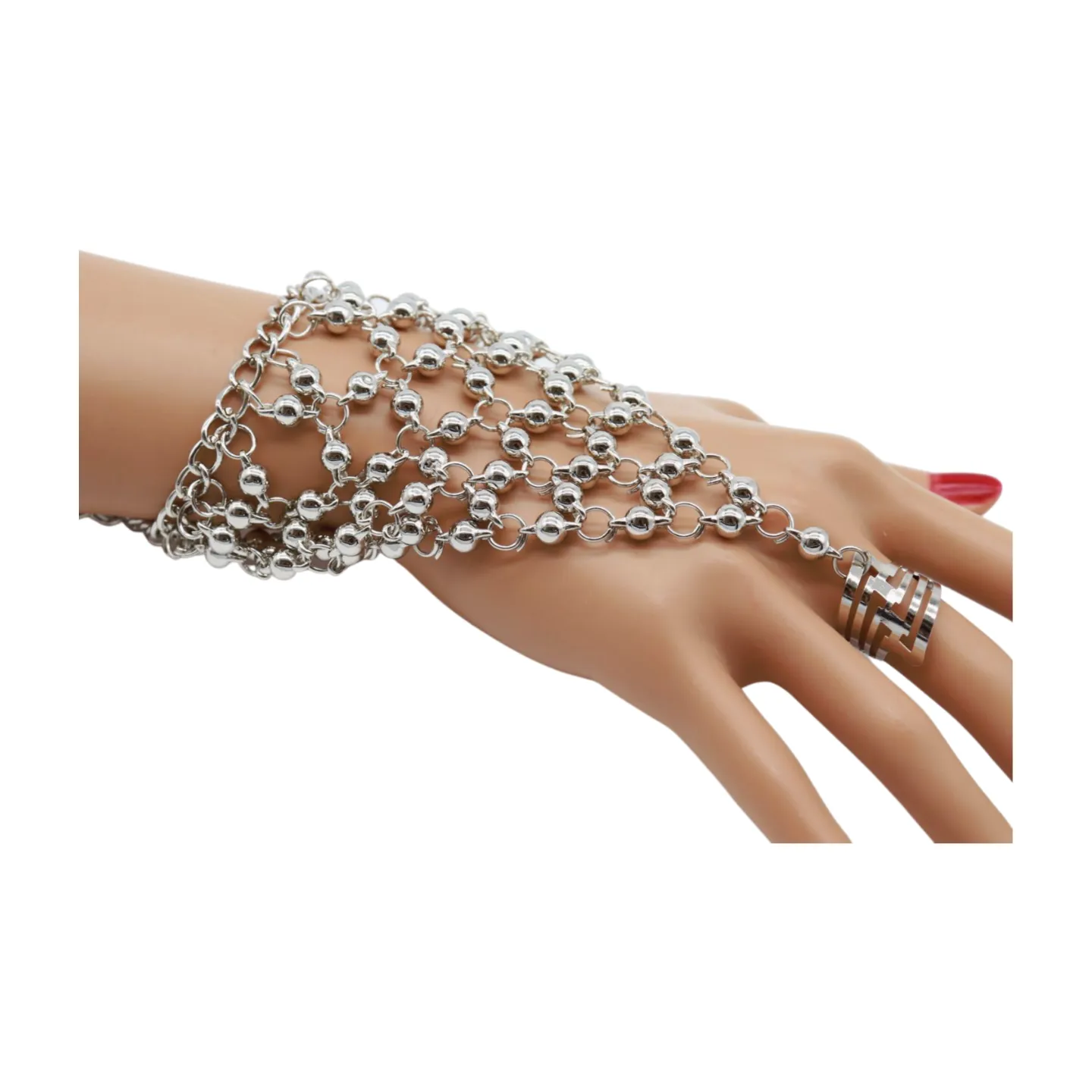 Silver Metal Hand Chain Bracelet Ball Charms Ring Connected One Size