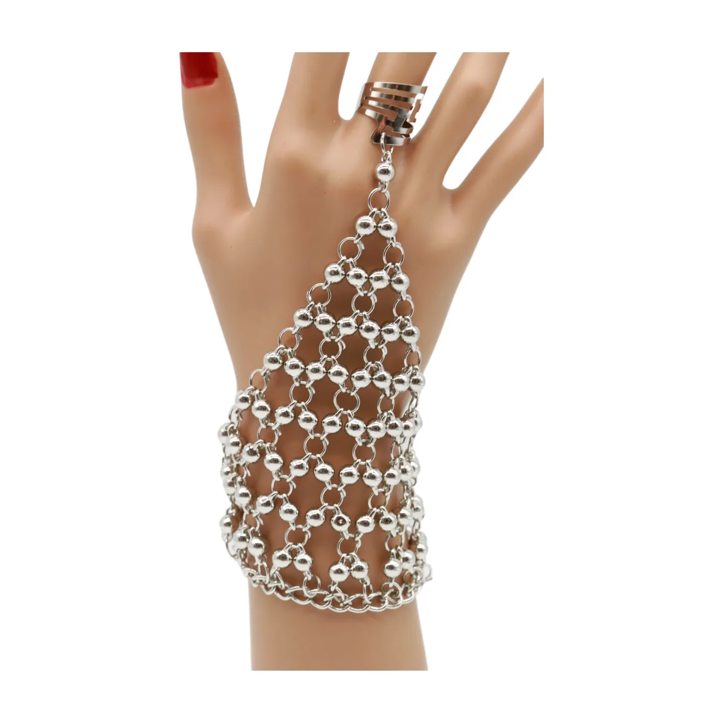 Silver Metal Hand Chain Bracelet Ball Charms Ring Connected One Size