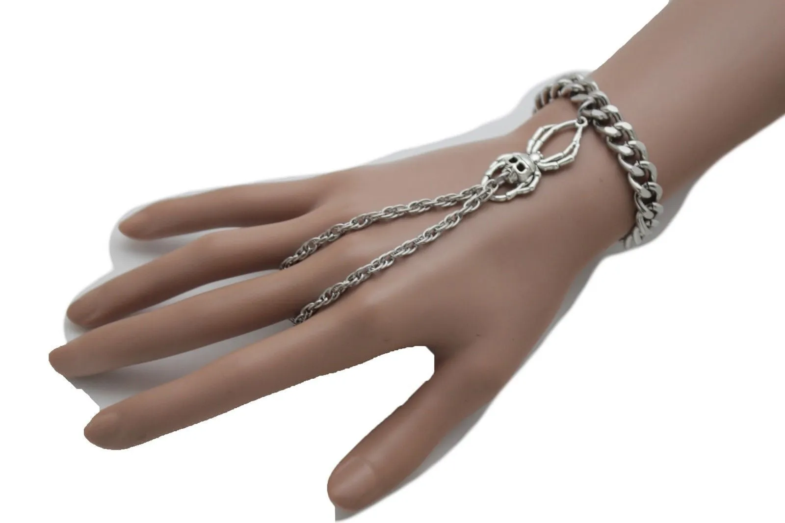 Silver Metal Hand Chain Bracelet Small Spider Skull Halloween
