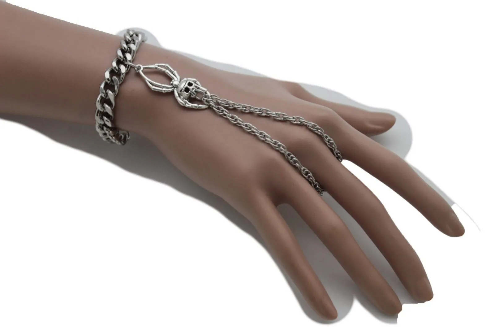 Silver Metal Hand Chain Bracelet Small Spider Skull Halloween