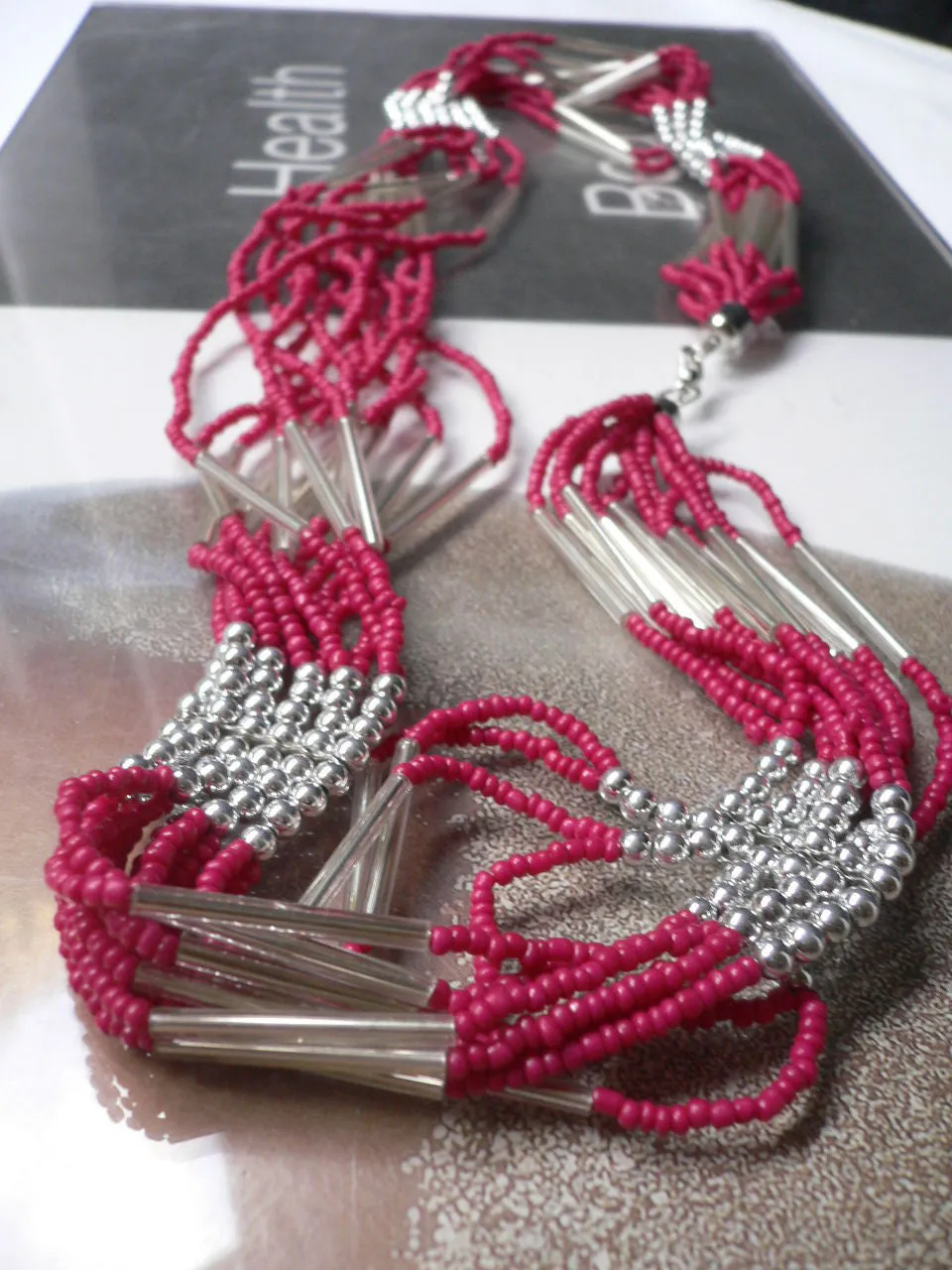 Silver Metal Red Silver Beads Chic 12" Drop Necklace African Style