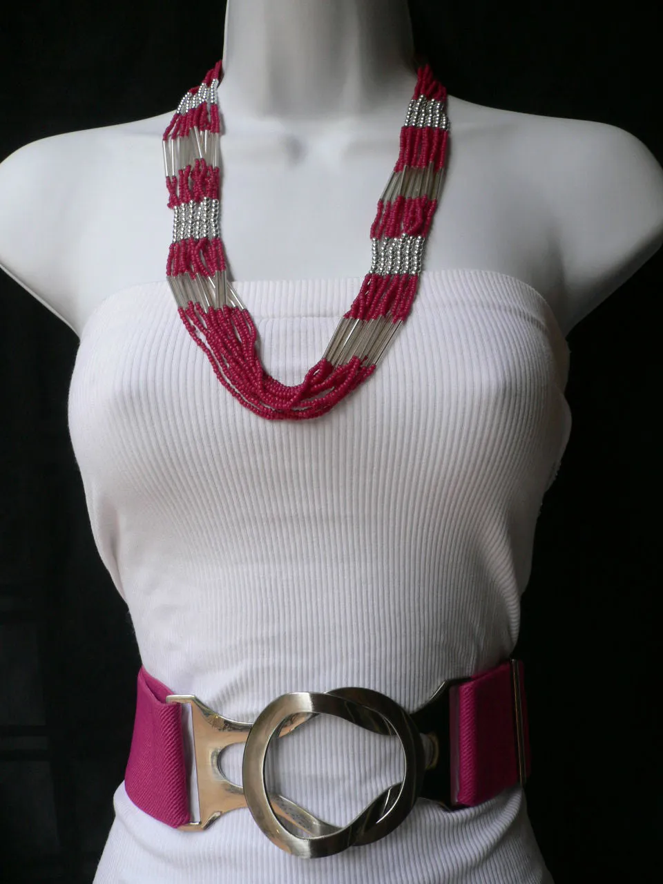 Silver Metal Red Silver Beads Chic 12" Drop Necklace African Style